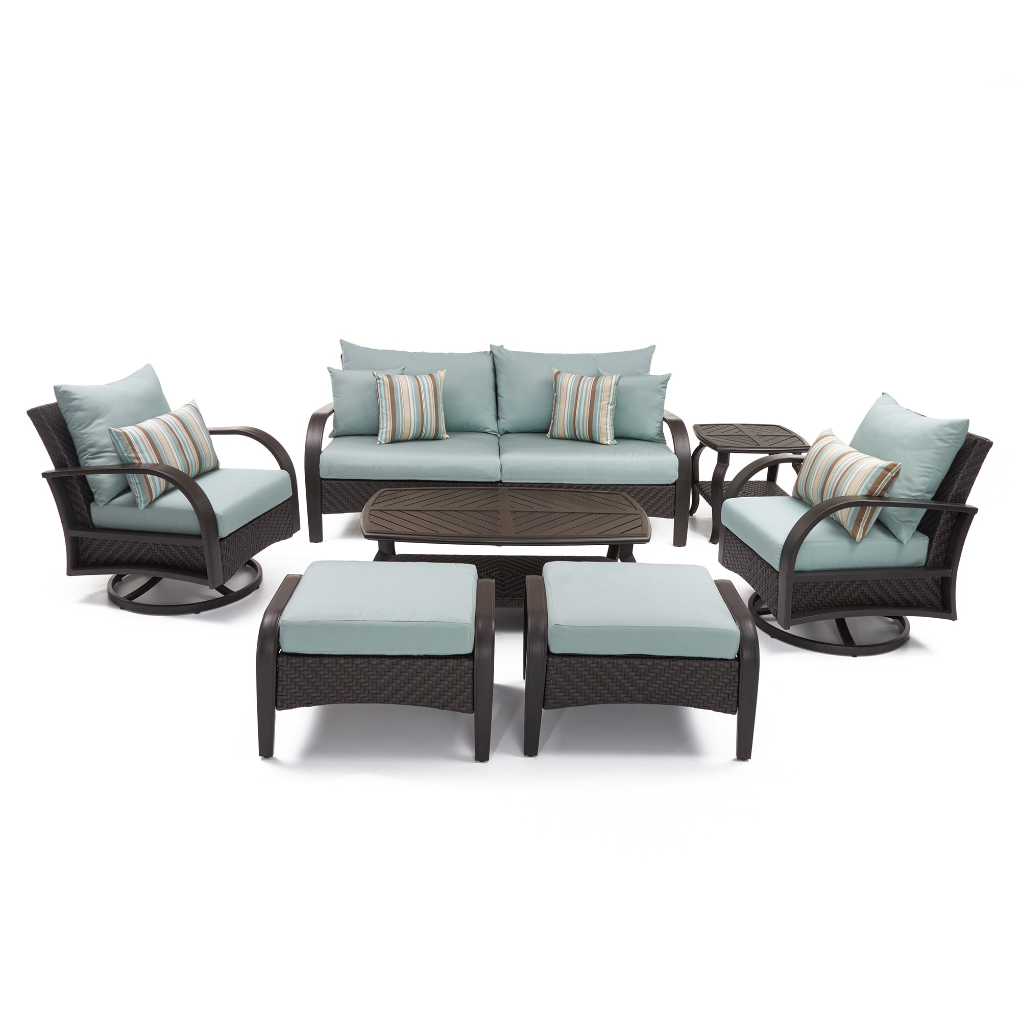 RST Brands OP-PESS7M-BAR-BLS-K Barcelo 7-Piece Wicker Patio Conversation Set with Blue Sunbrella Cushions