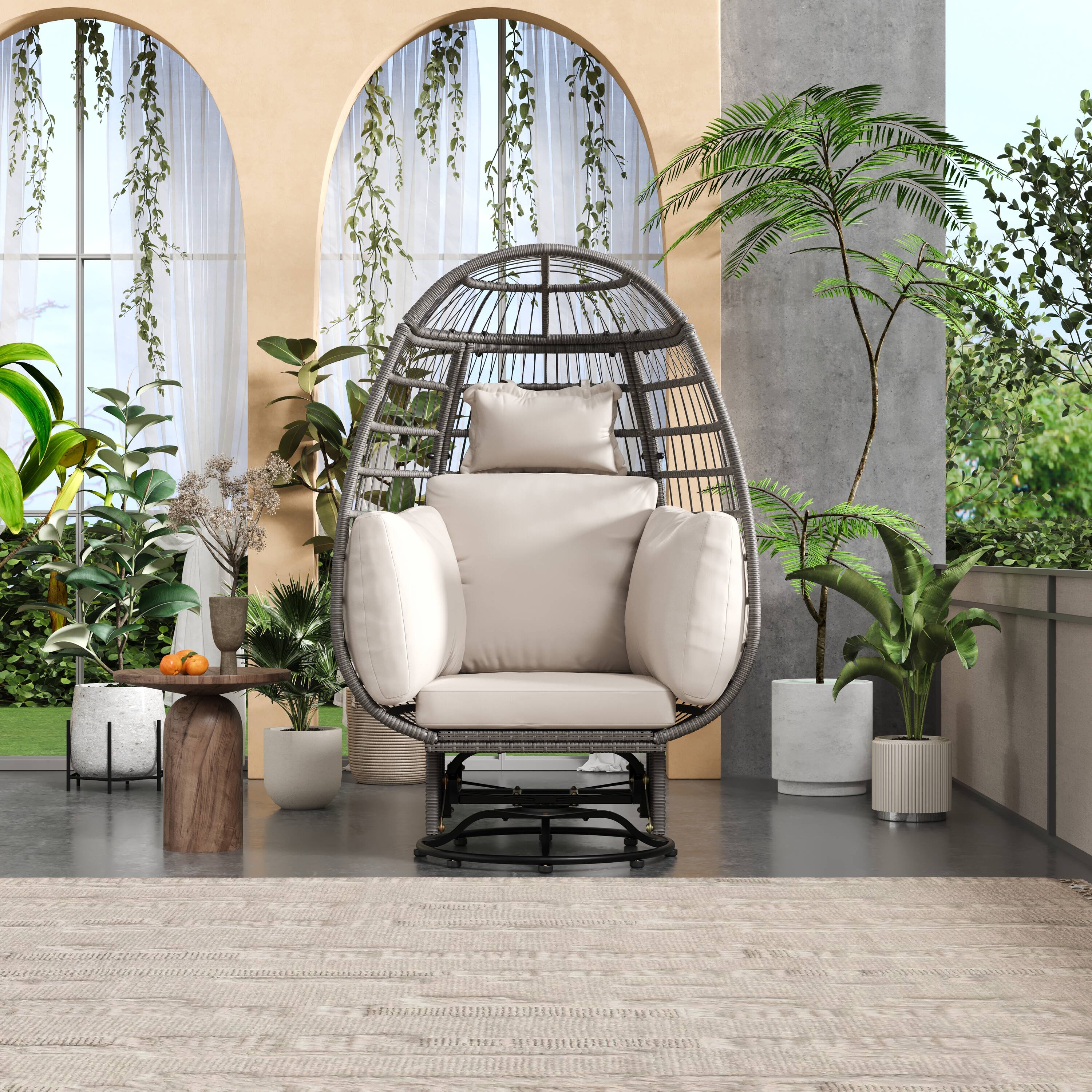 ModernLuxe L-WF318105AAA Outdoor Swivel Chair with Cushions, Rattan Egg Patio Chair Wicker Grey Iron Frame Swivel Egg Chair with Off-white Cushioned Seat