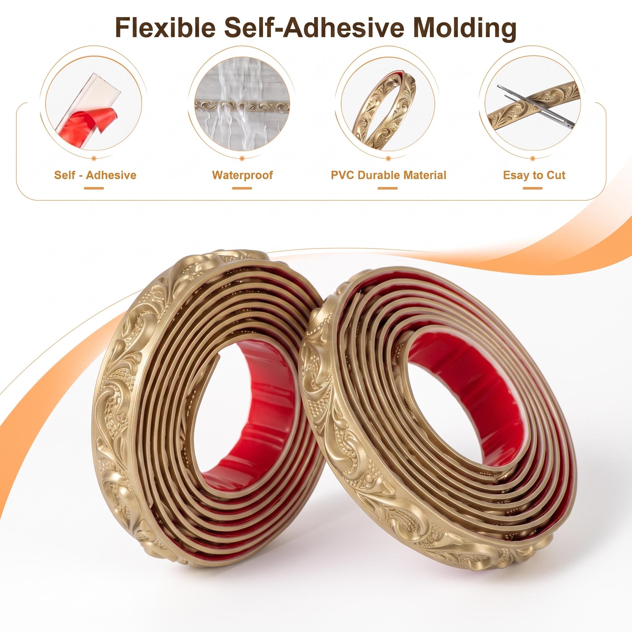 Garvee 2 Pack Champagne Gold Peel and Stick Trim 16.4ft x 0.8in 3D Floral Crown Molding Self Adhesive Vintage PVC Mirror Frame Border for Wall Furniture Decor