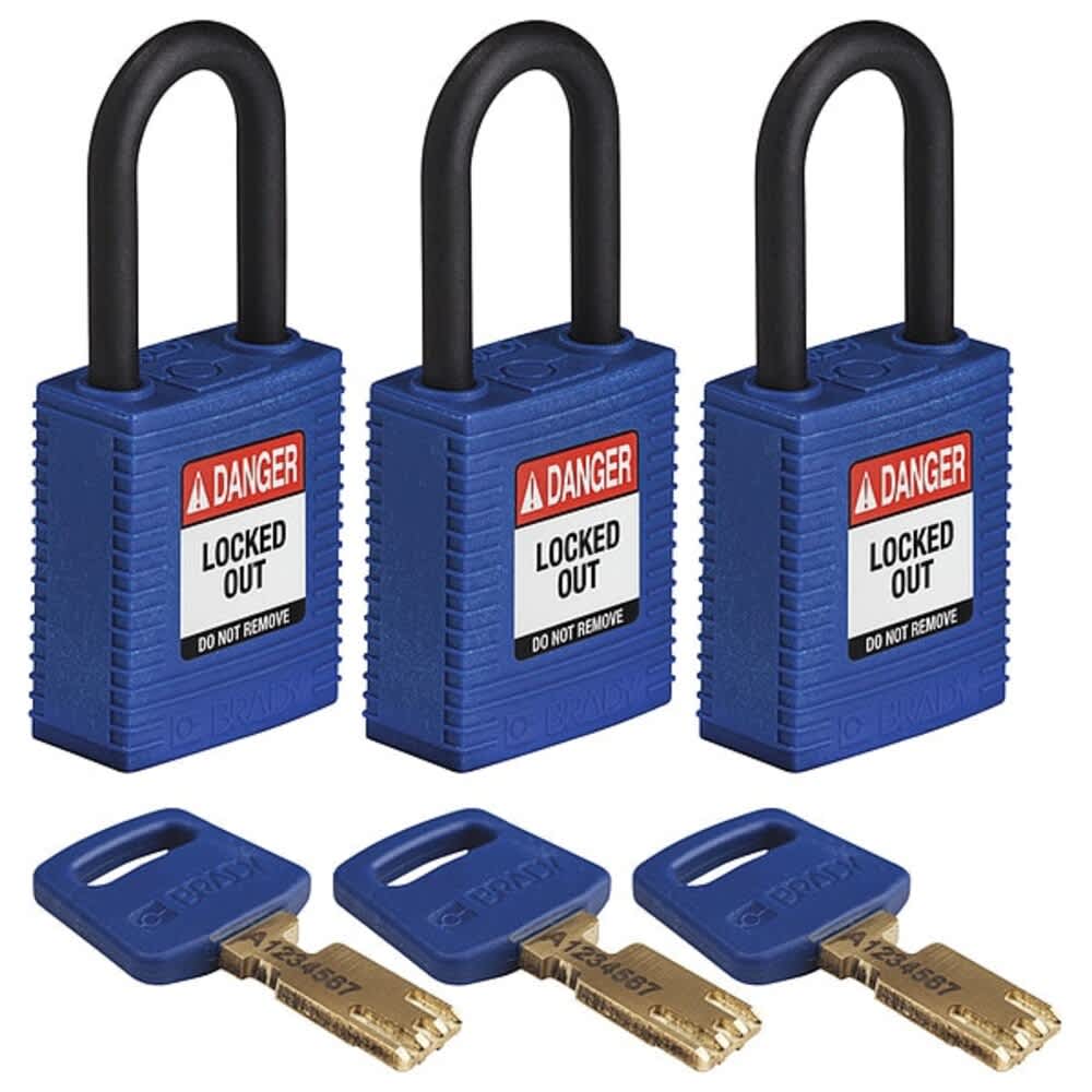 Brady  Lockout Padlock Keyed Alike Nylon Blue 1 1/2 in Shackle Height 1 1/2 in Body Width 3 PK