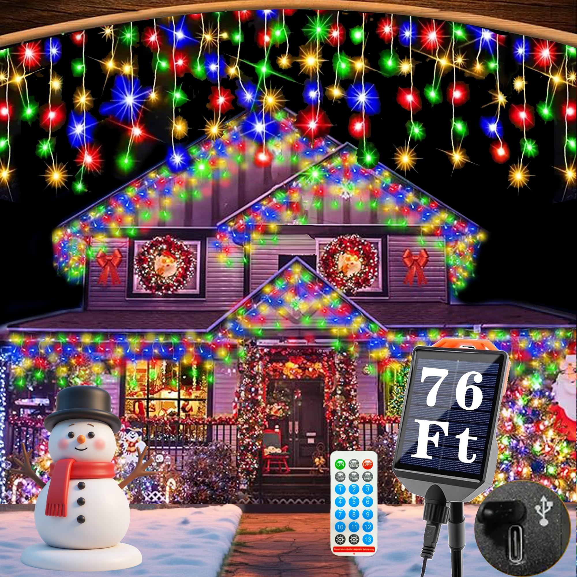IUEST  Upgraded 640LED Solar Christmas Icicle Lights Outdoor 76FT 13 Modes USB renewable power Solar Powered for Roof House Yard Decoration