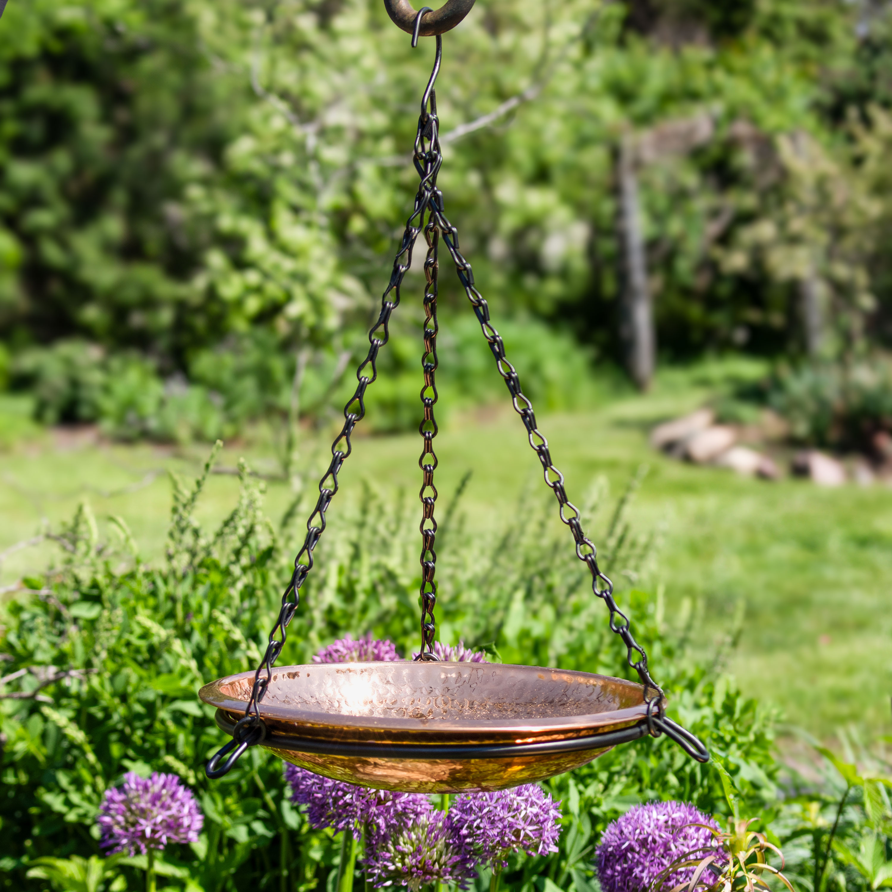 Hand-Hammered Copper Hanging Bird Bath Feeder with Iron Chains