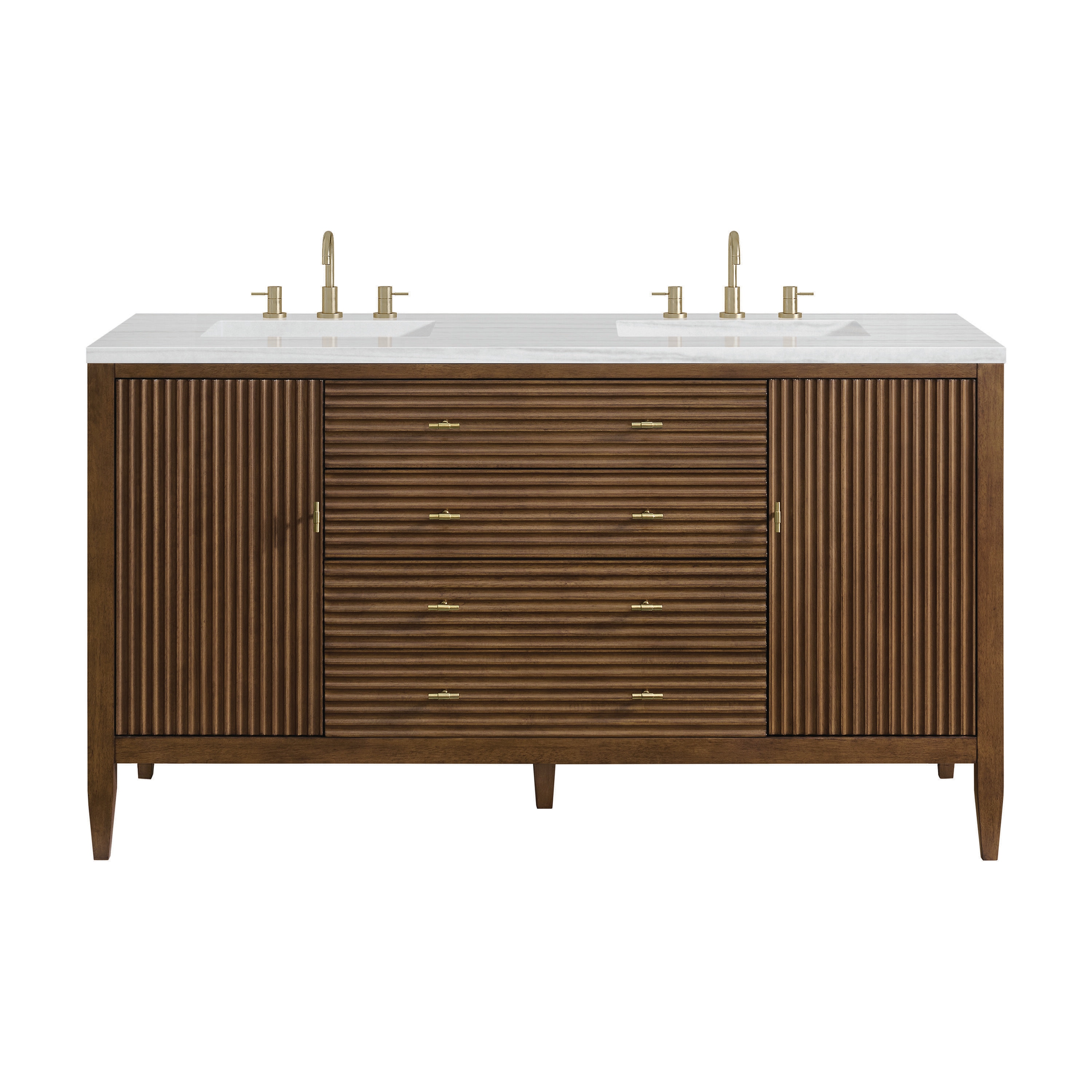 James Martin Vanities 485-V60D-WLT-3AF Myrrin 60-in Mid-Century Walnut Undermount Double Sink Bathroom Vanity with Arctic Fall Solid Surface Top