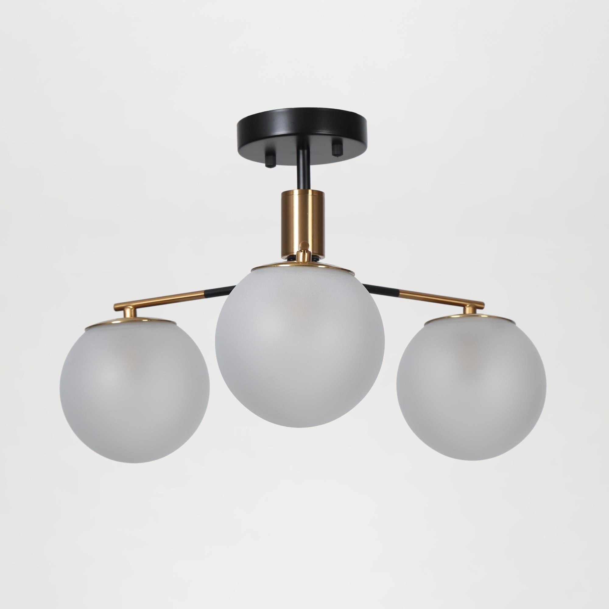 Modern 19" Matte Black and Brass Semi-Flush Mount with Frosted Glass Globes