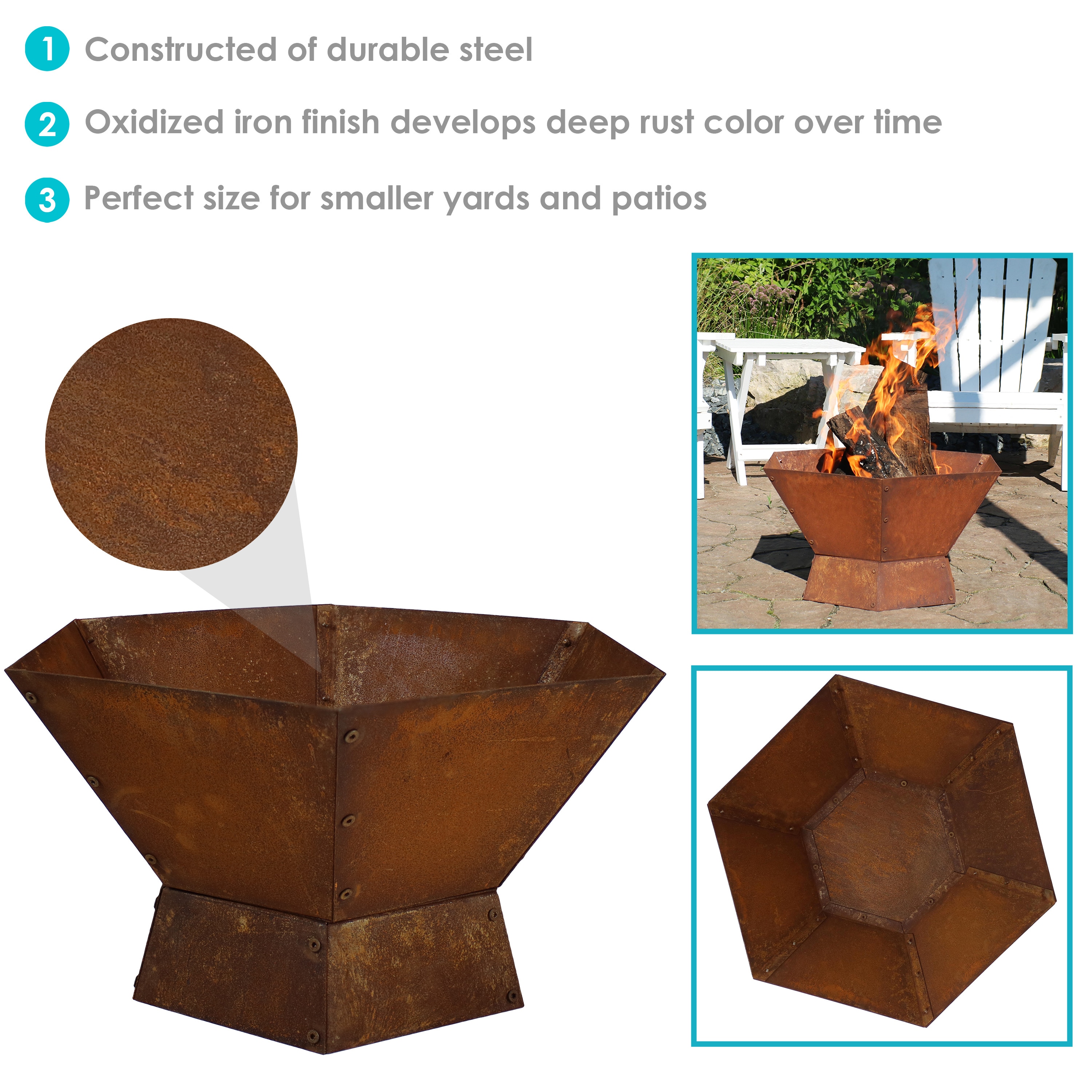 Rustic Hexagon Steel Wood-Burning Fire Pit Table in Oxidized Orange