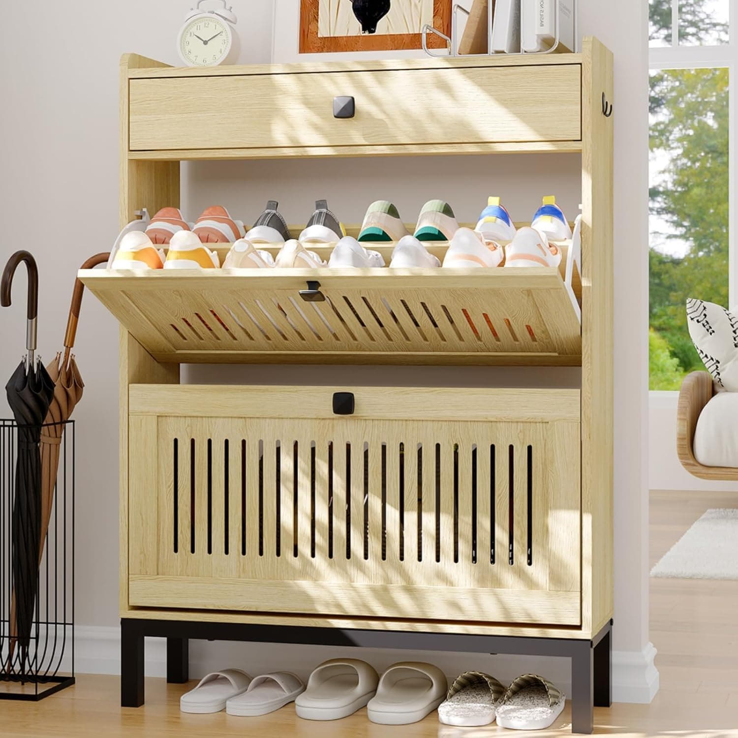 Garvee 2-Door Flip Front Shoe Cabinet with Adjustable Shelves - Hidden Entryway Storage Organizer for Hallway Foyer Living Room - Freestanding Wooden Shoe Rack with Large Capacity Modern Design Natural
