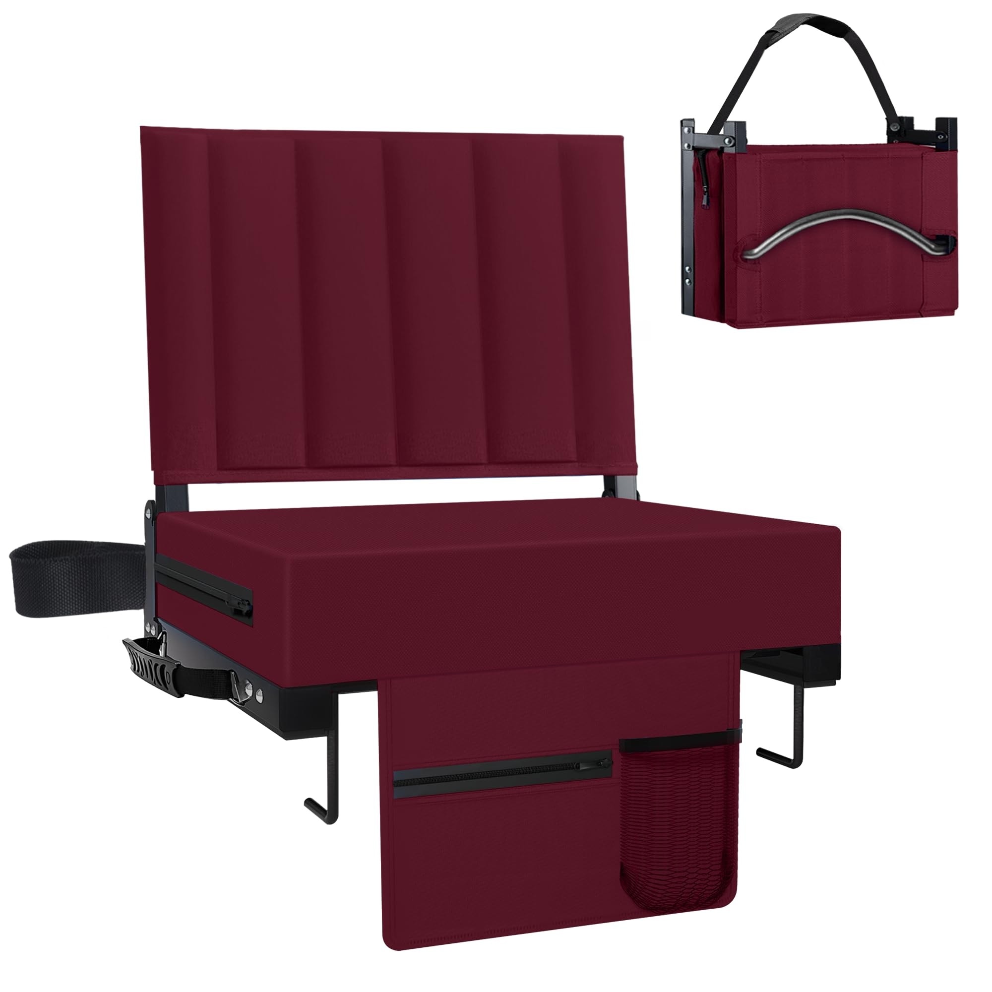 Etokfoks  folding metal frame stadium seat chair with 15 4 inch high padded backrest 400 lb capacity hooks and non slip rubber strips