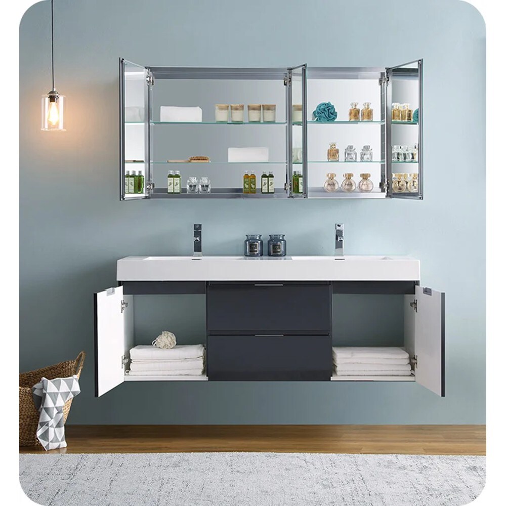 Glossy Gray 60" Wall-Mount Double Sink Modern Vanity