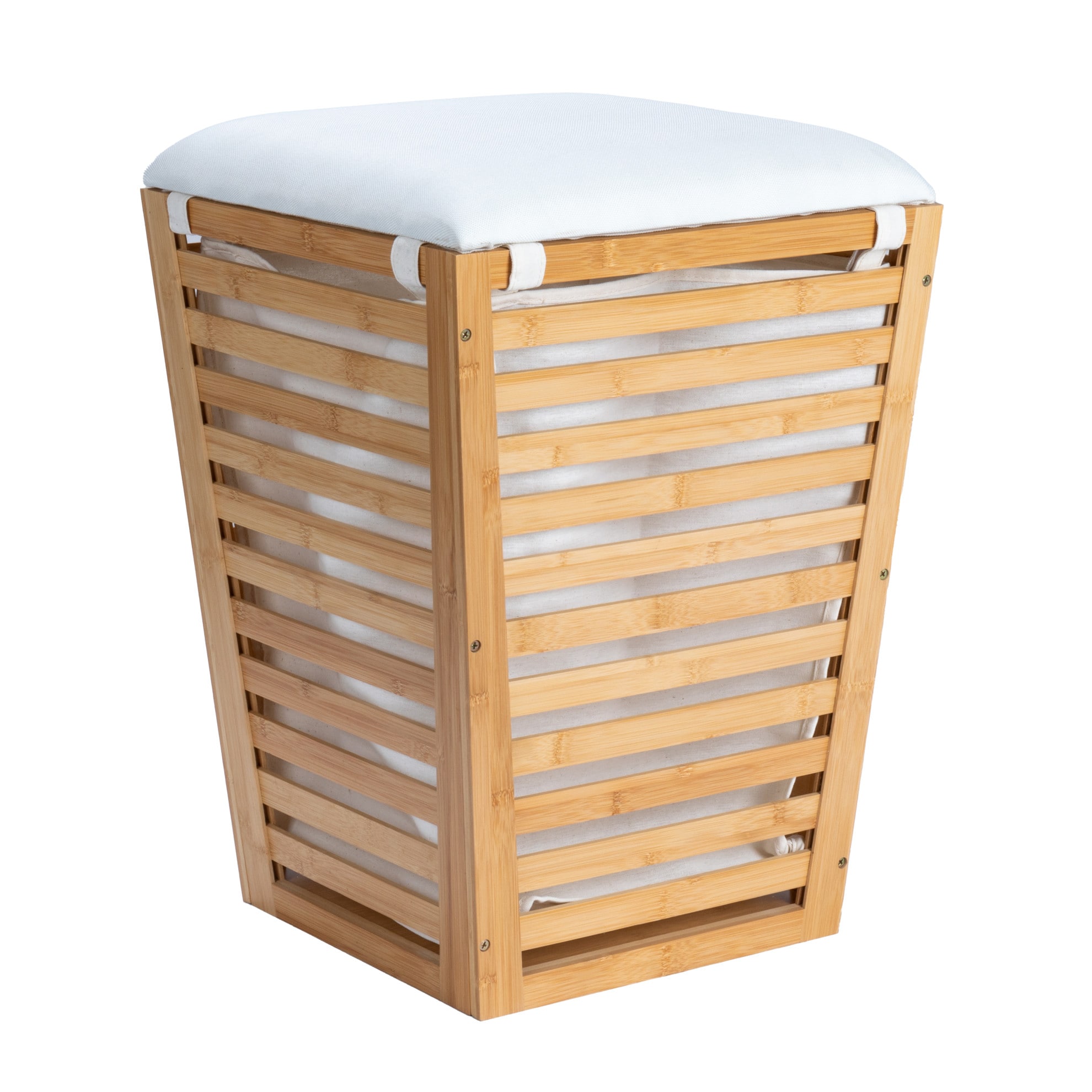 Household Essentials Slatted Natural Bamboo Hamper with Cushioned Lid and Removable Cotton Bag Natural