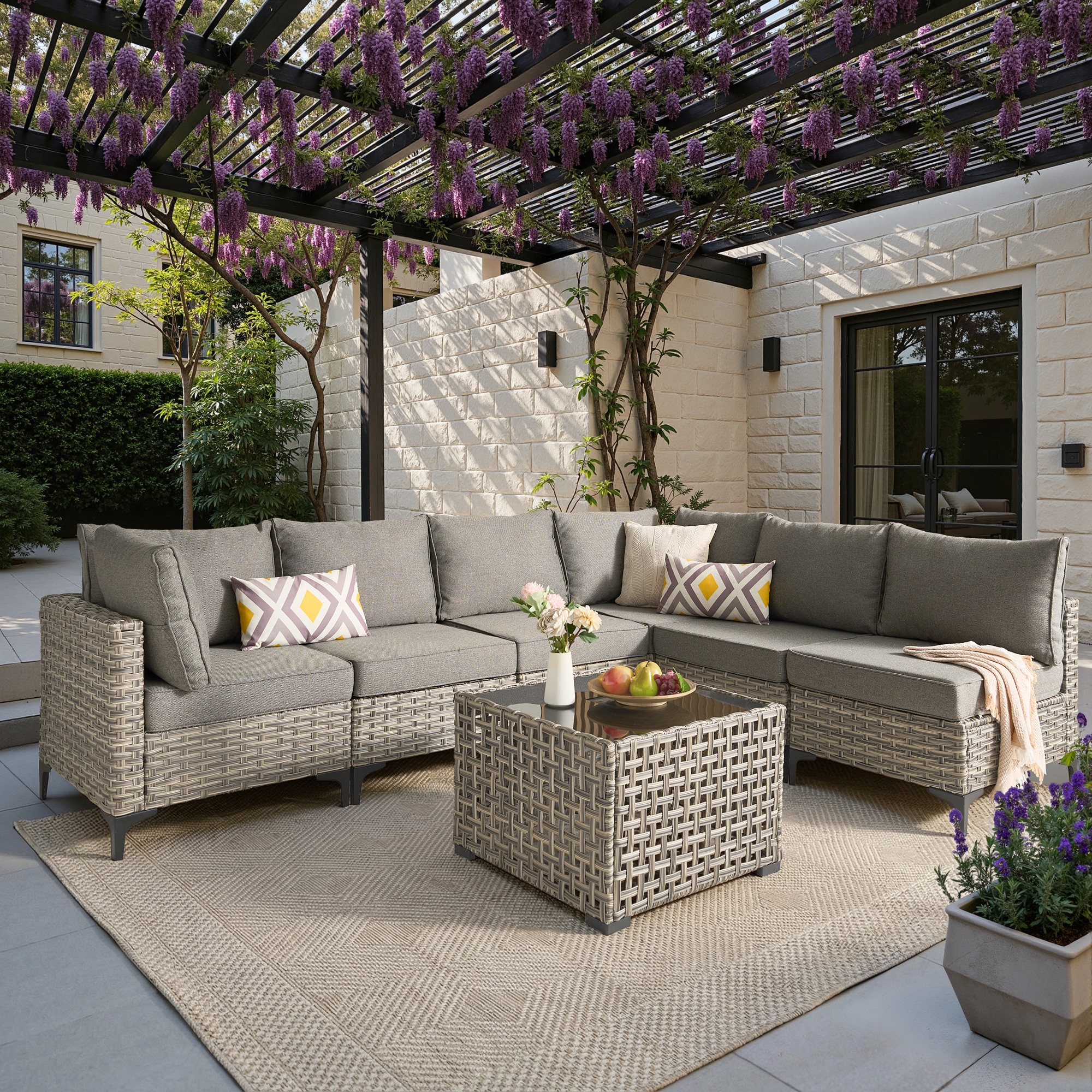 XIZZI XISKT203 Amber Rattan Outdoor Sectional with Dark Gray Cushions and Steel Frame