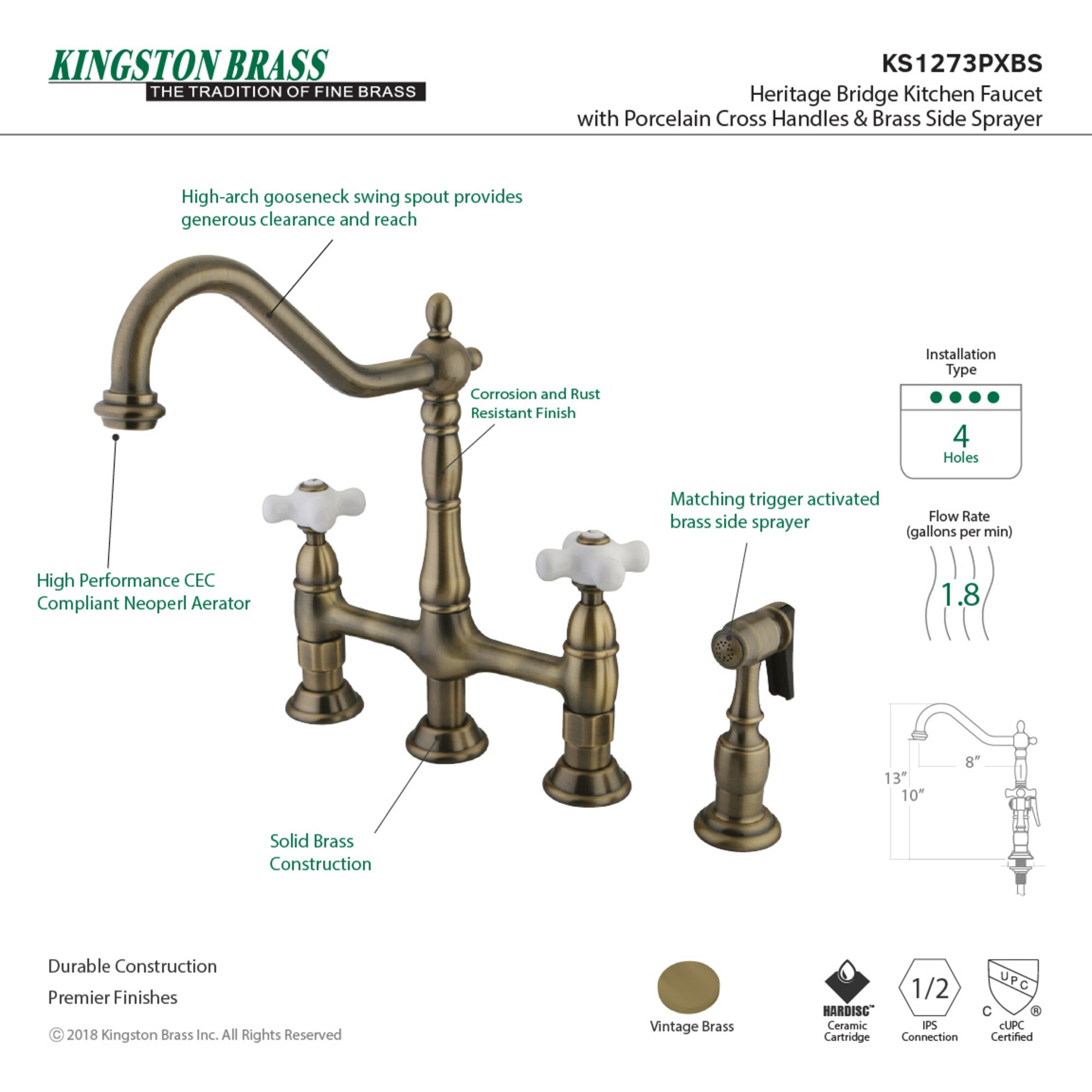 Kingston Brass Heritage Antique Brass Double Handle Bridge Kitchen ...