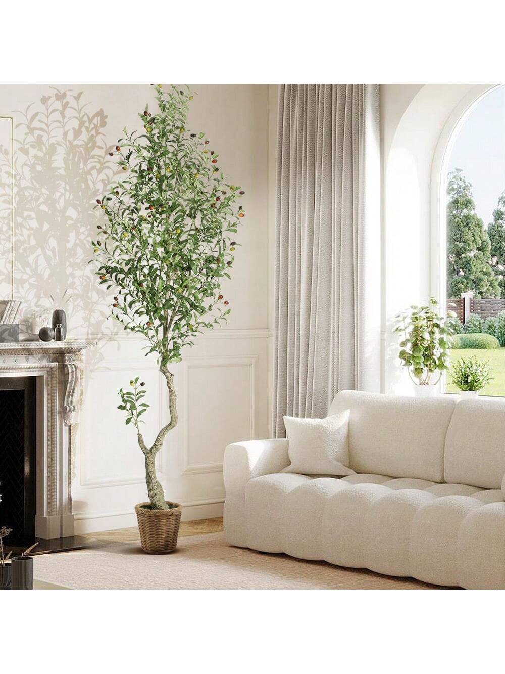 Qeetex PHO-34LWMNWH-HF4 6FT(1PCS) Tall Faux Olive Tree， Olive Trees Artificial Indoor with White Planter and Green Fake Moss for Home Office Living Room Bedroom Stairs Foyer Decor