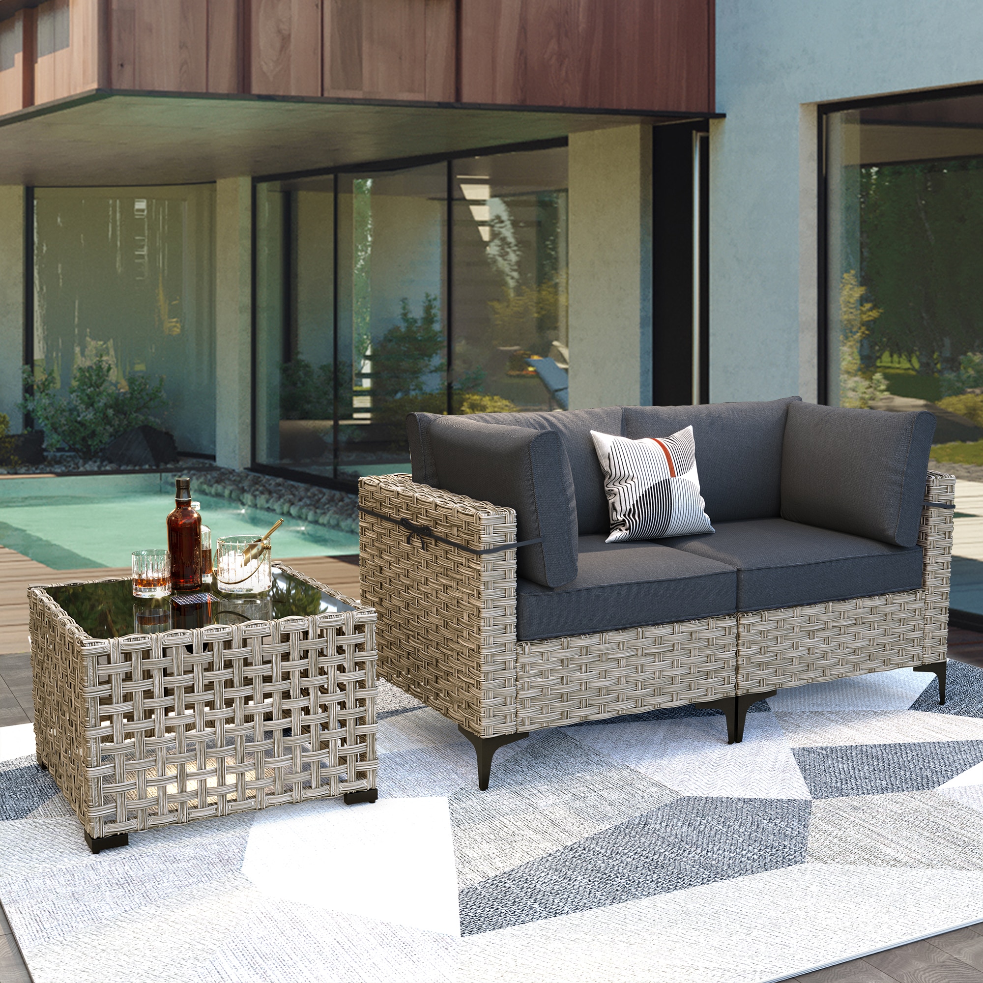 Ovios SK100-1 Wicker Outdoor Loveseat with Black Cushions and Iron Frame