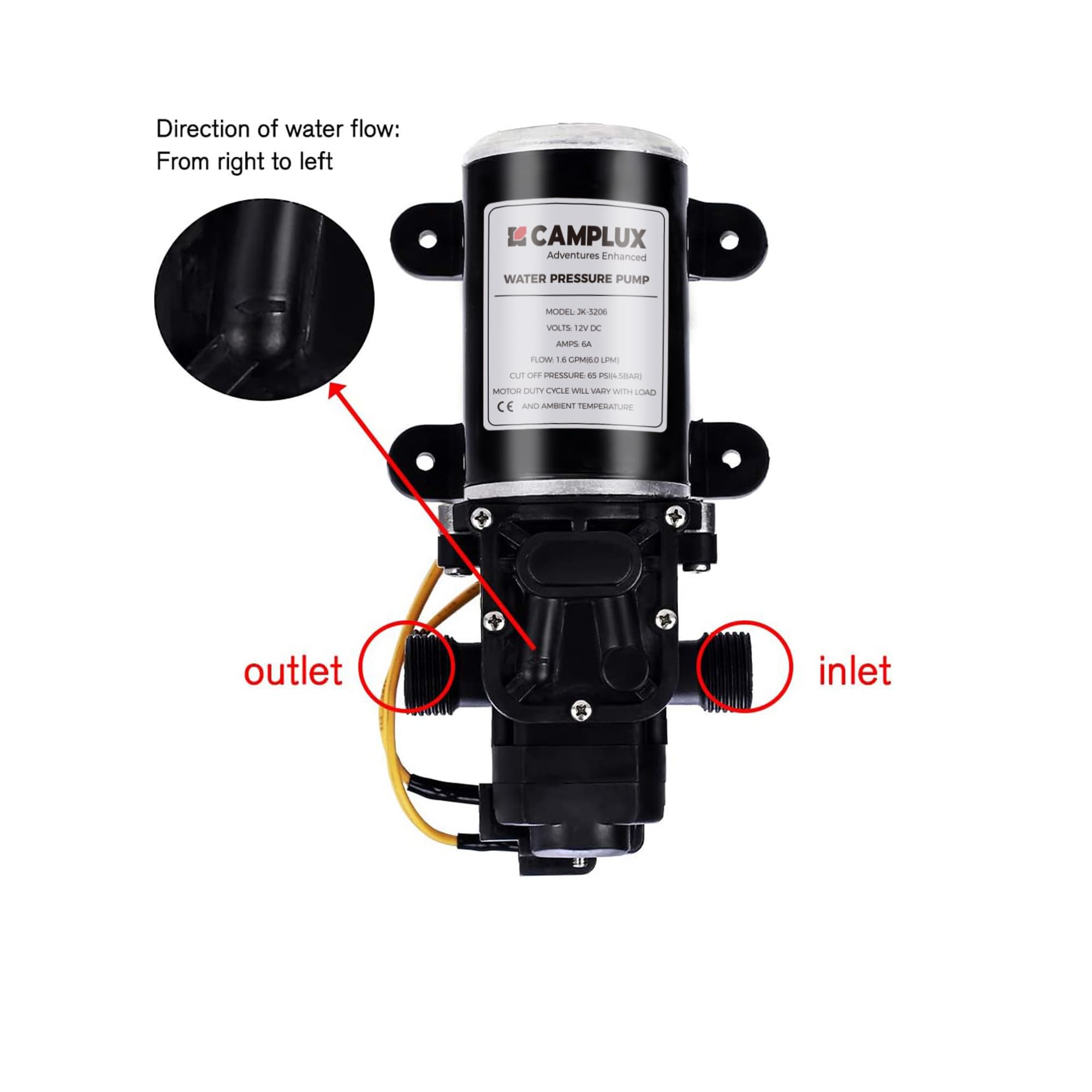 Camplux 12V Black Diaphragm Water Pump 65PSI 1.6GPM