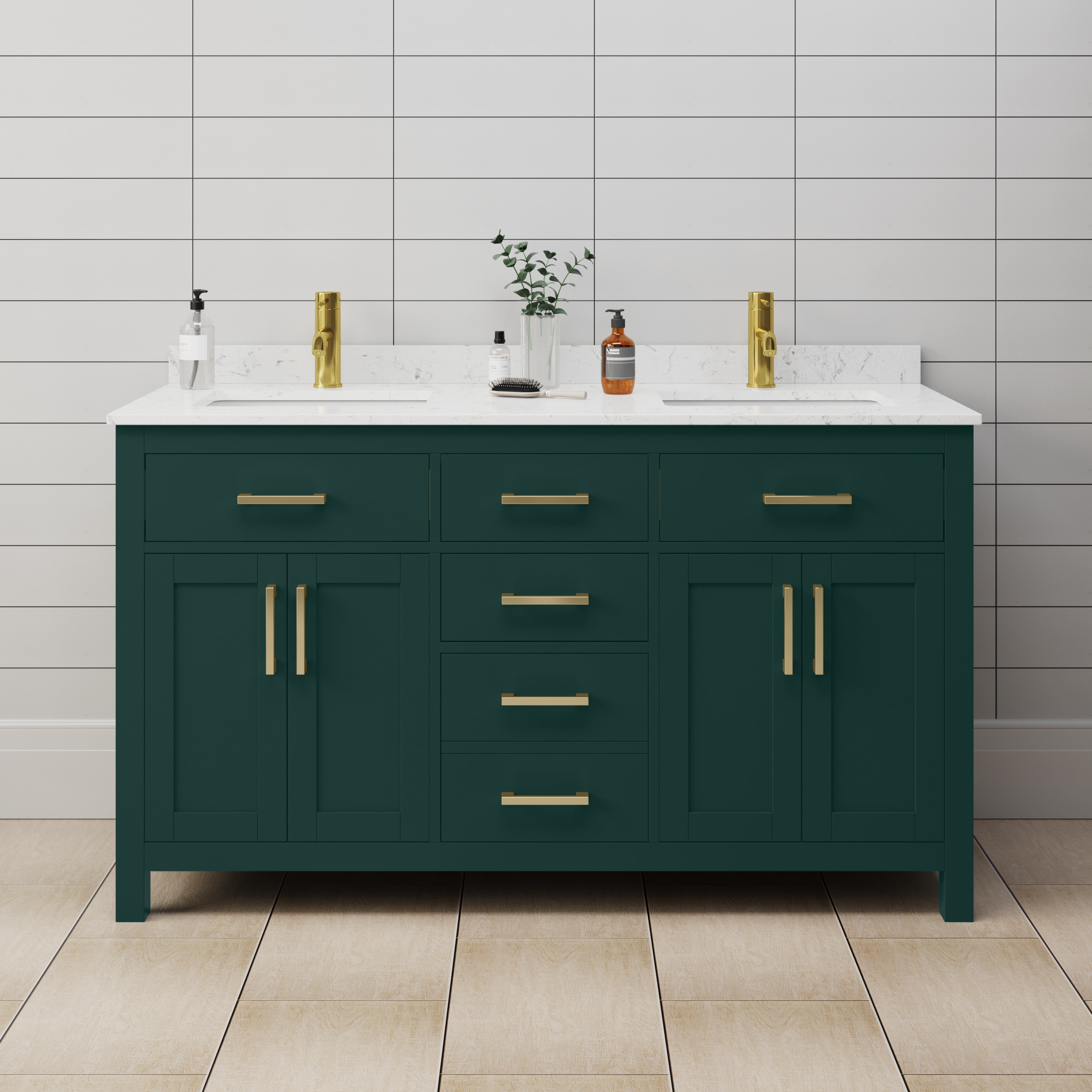 Wyndham Collection WCG242460DGDCCUNSMXX Beckett 60-in Green with Brushed Gold Trim Undermount Double sink Bathroom Vanity with Carrara Cultured Marble Cultured marble Top