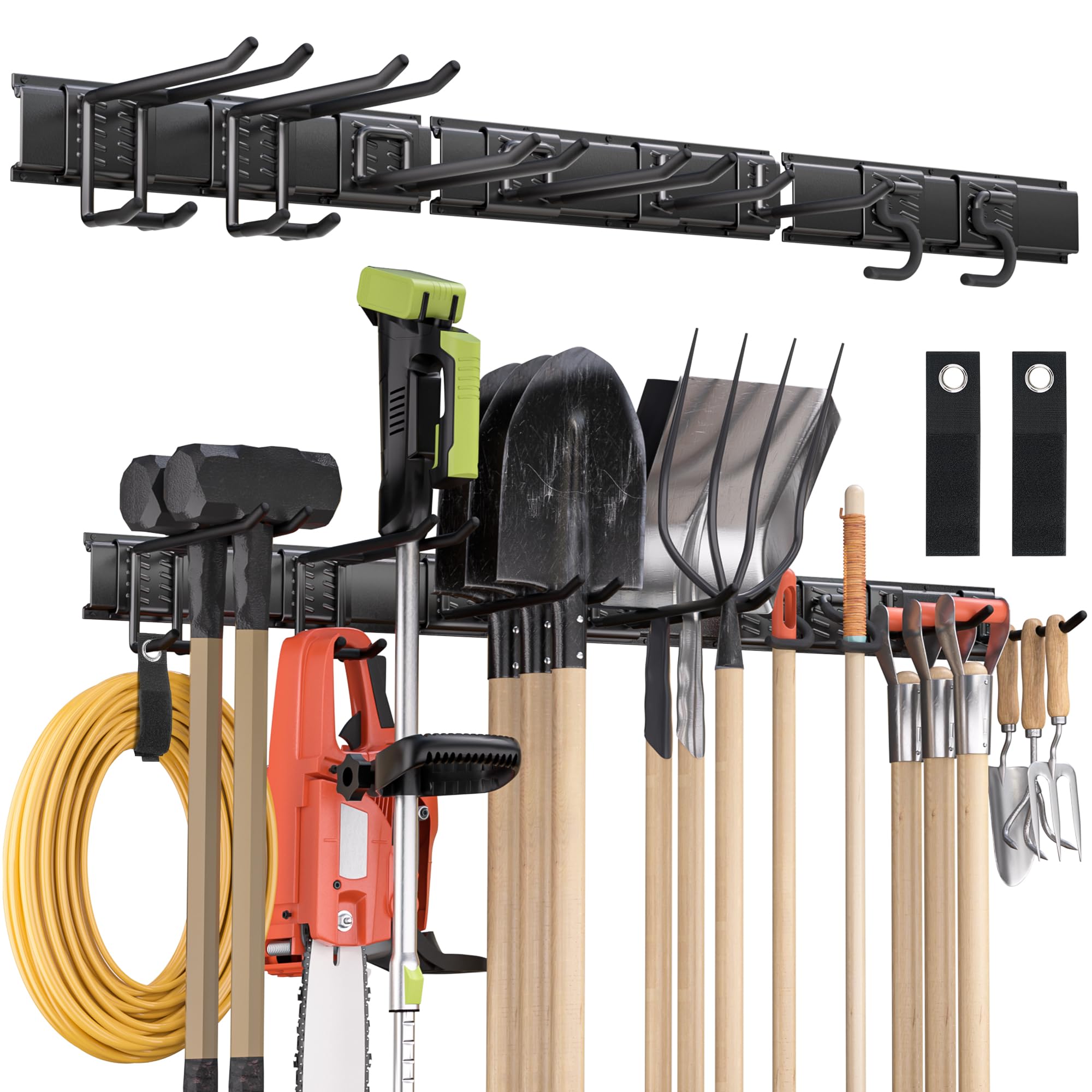 Ahfiwaso Garden Tool Organizer Wall Mount 48 Inch Tool Storage Rack with Adjustable Heavy Duty Metal Hooks for Garage Shed Yard Broom Rake Mop Holder
