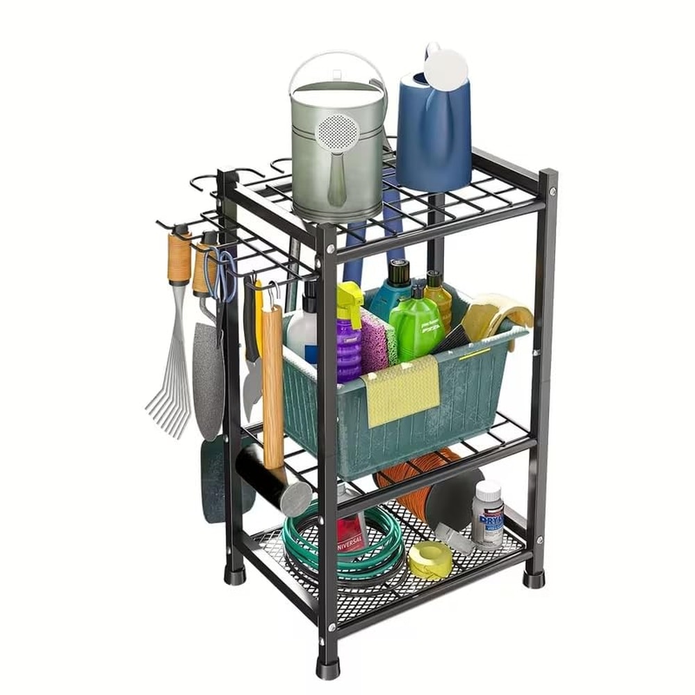 LAIFUCAM  Garden Tool Organizer 70-Hole Garage Storage Rack with Adjustable Feet and T-Handle Hooks Broom Mop Holder for Yard Shed Multi Scene