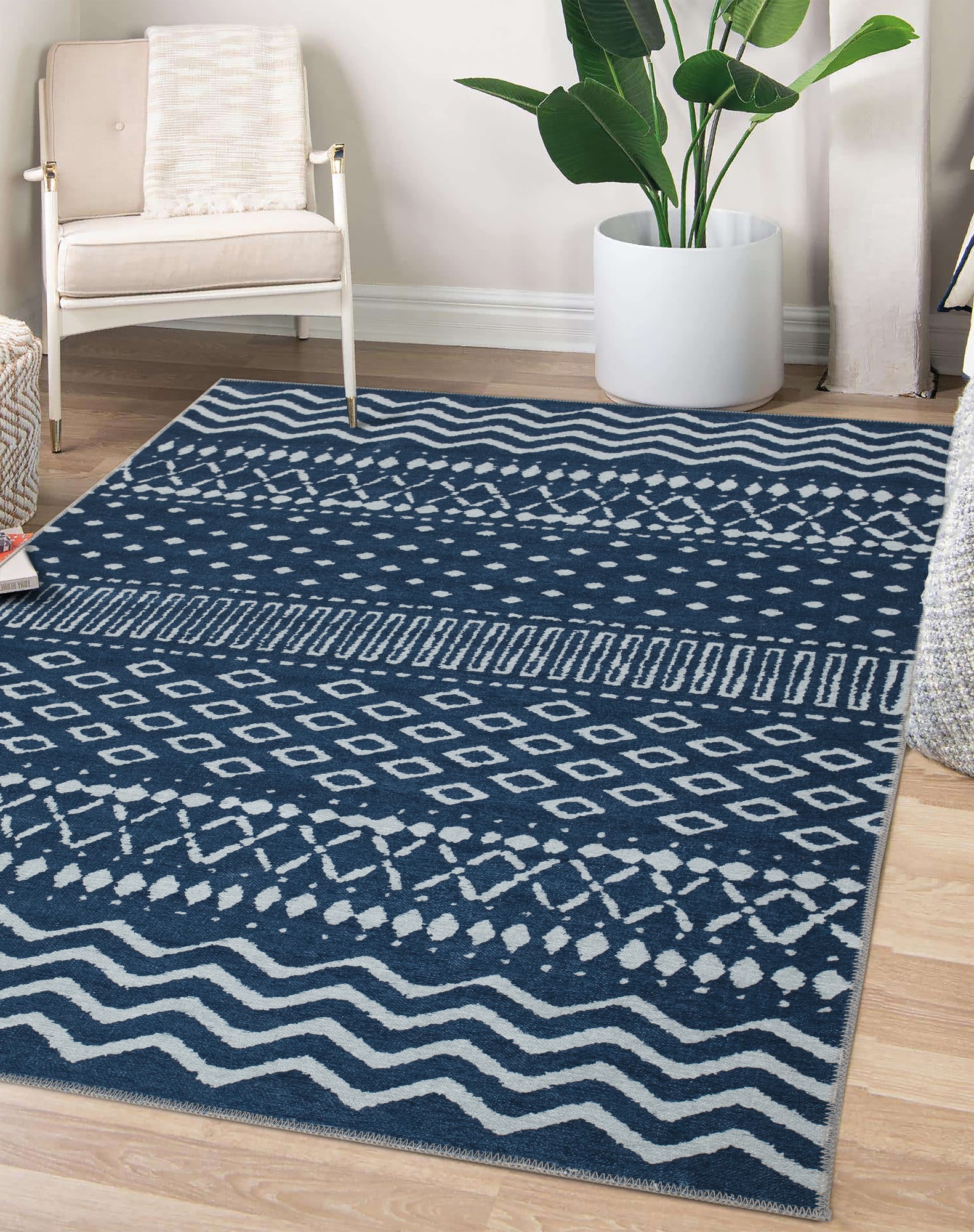 Ottomanson Effect 4 x 6 Navy Indoor Geometric Moroccan Washable Area ...