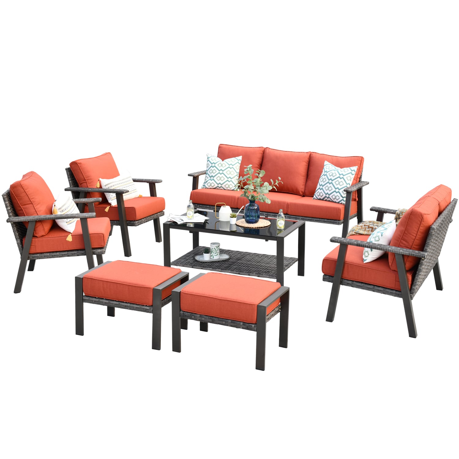 XIZZI XIHWF803 Taurus 8 -Piece Wicker Patio Sofa Conversation Set with Orange Cushions