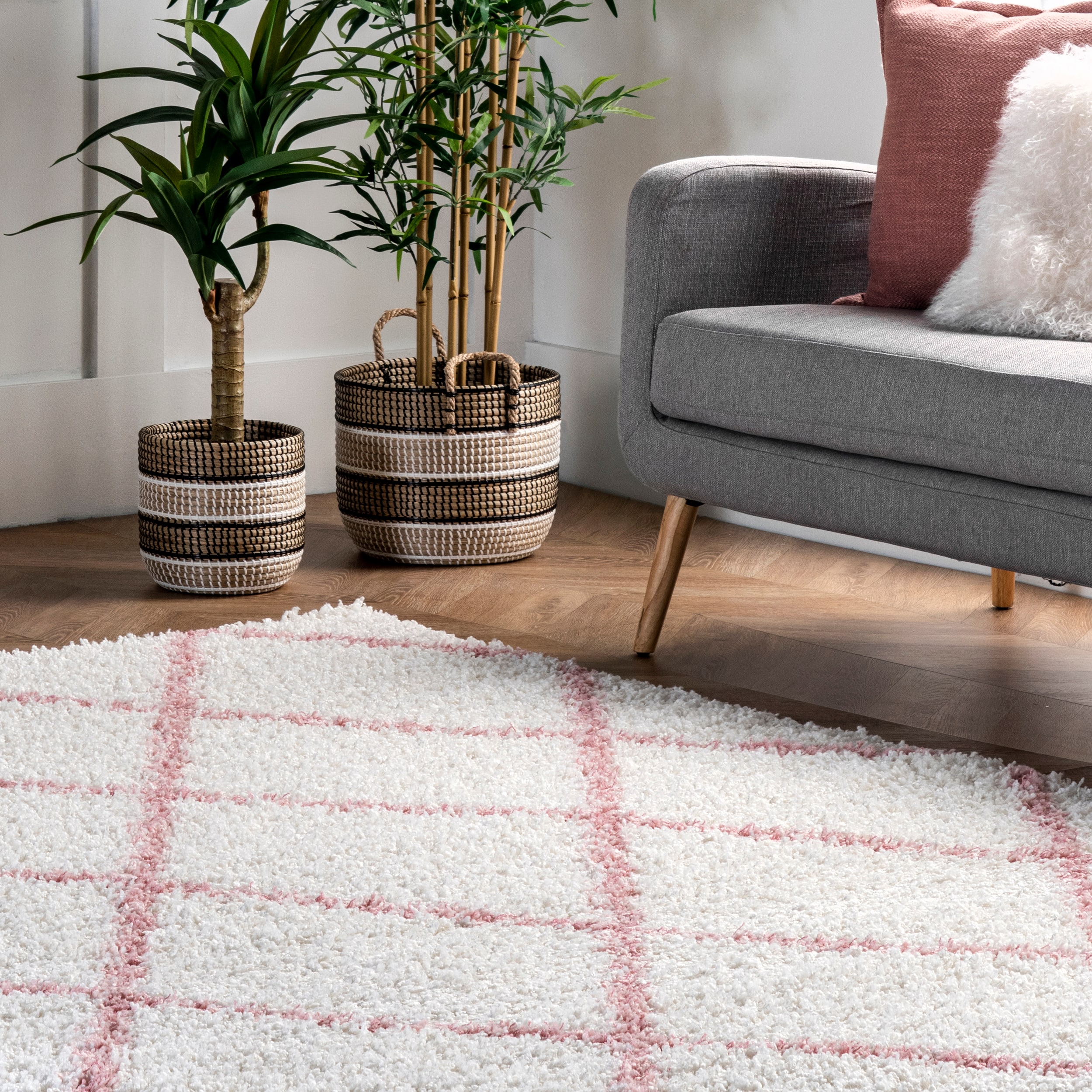 Pink and Ivory Geometric Shag Runner Rug, 2' 8" x 8'