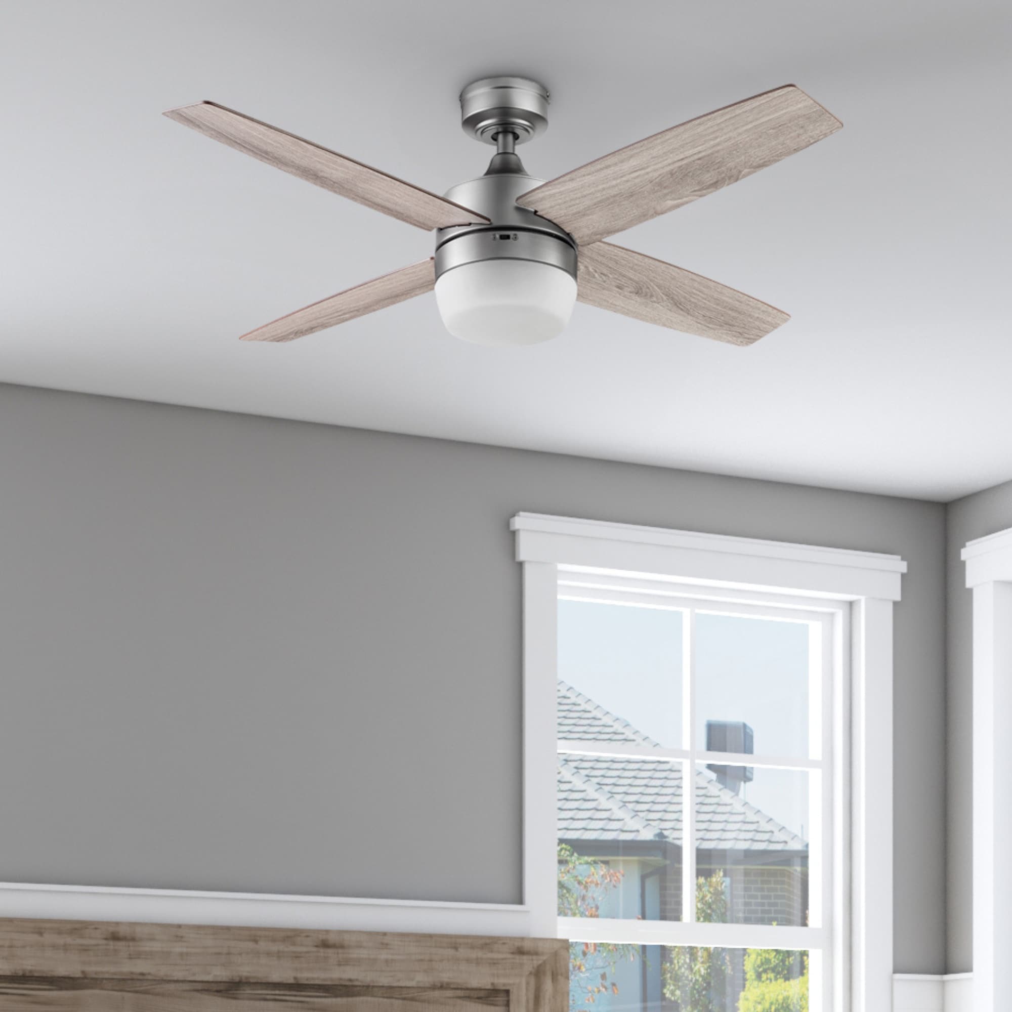 Prominence Home 51468-26 Atlas 44-in Pewter with Gray Oak Burnt Coffee Blades Ceiling Fan With Light - Remote Included ( 4 -Blade )