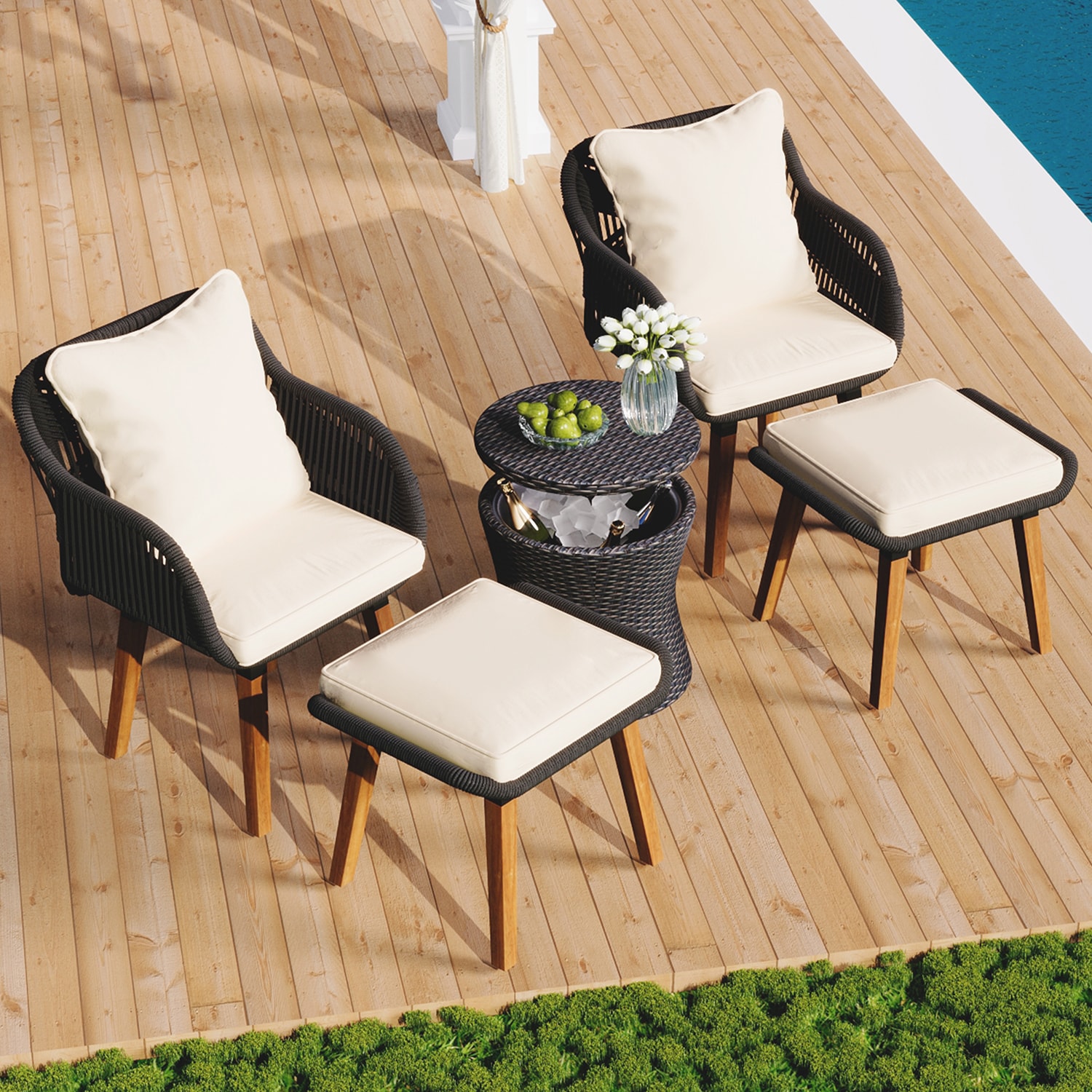 5-Piece Wicker Patio Conversation Set with Off-white Cushions | - Mondawe C01MKF-SM