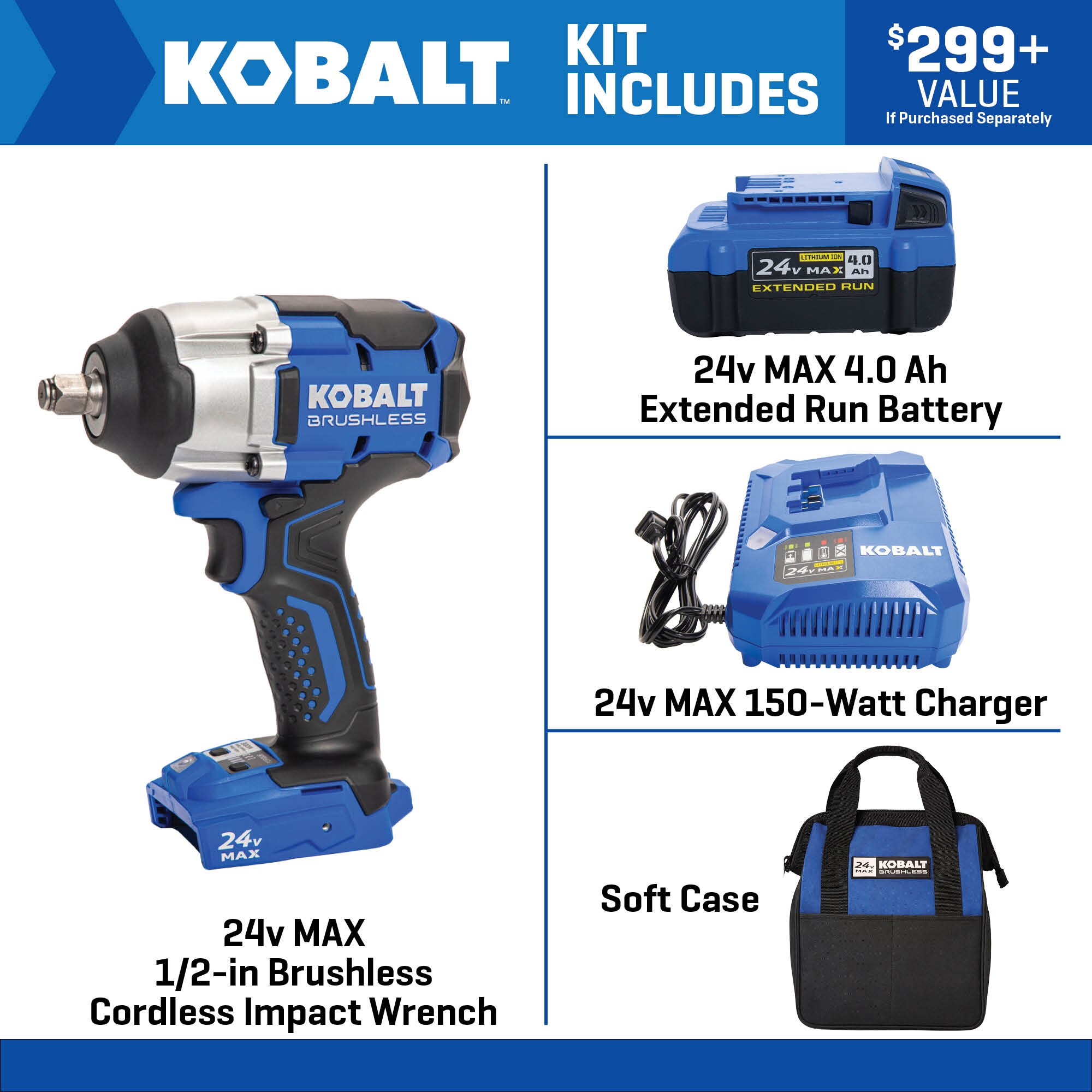 Kobalt Next-Gen 24-volt Variable Speed Brushless 1/2-in Drive Cordless Impact Wrench (Battery Included)