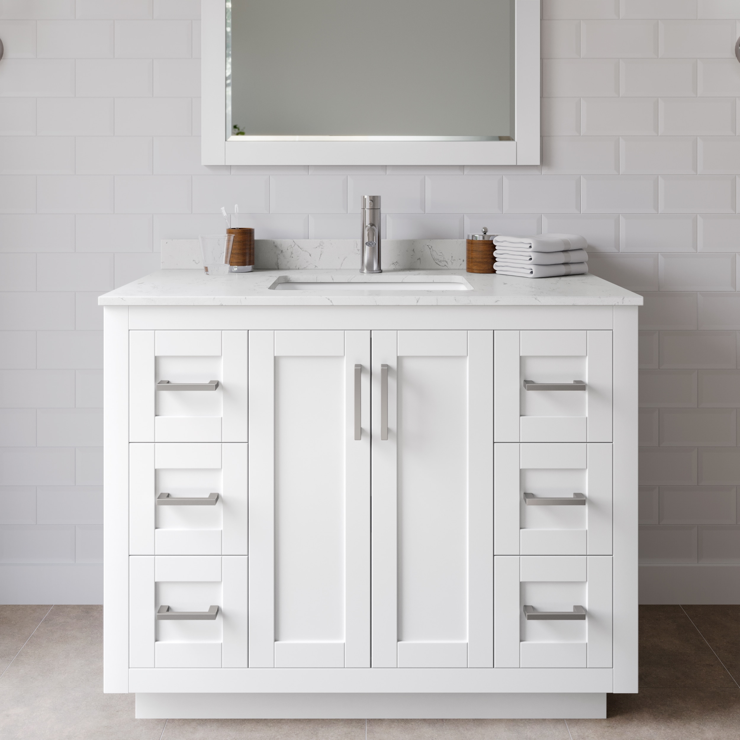 Wyndham Collection WCF292942SWHC2UNSMXX Miranda 42-in White with Brushed Nickel Trim Undermount Single sink Bathroom Vanity with Carrara Cultured Marble Cultured marble Top