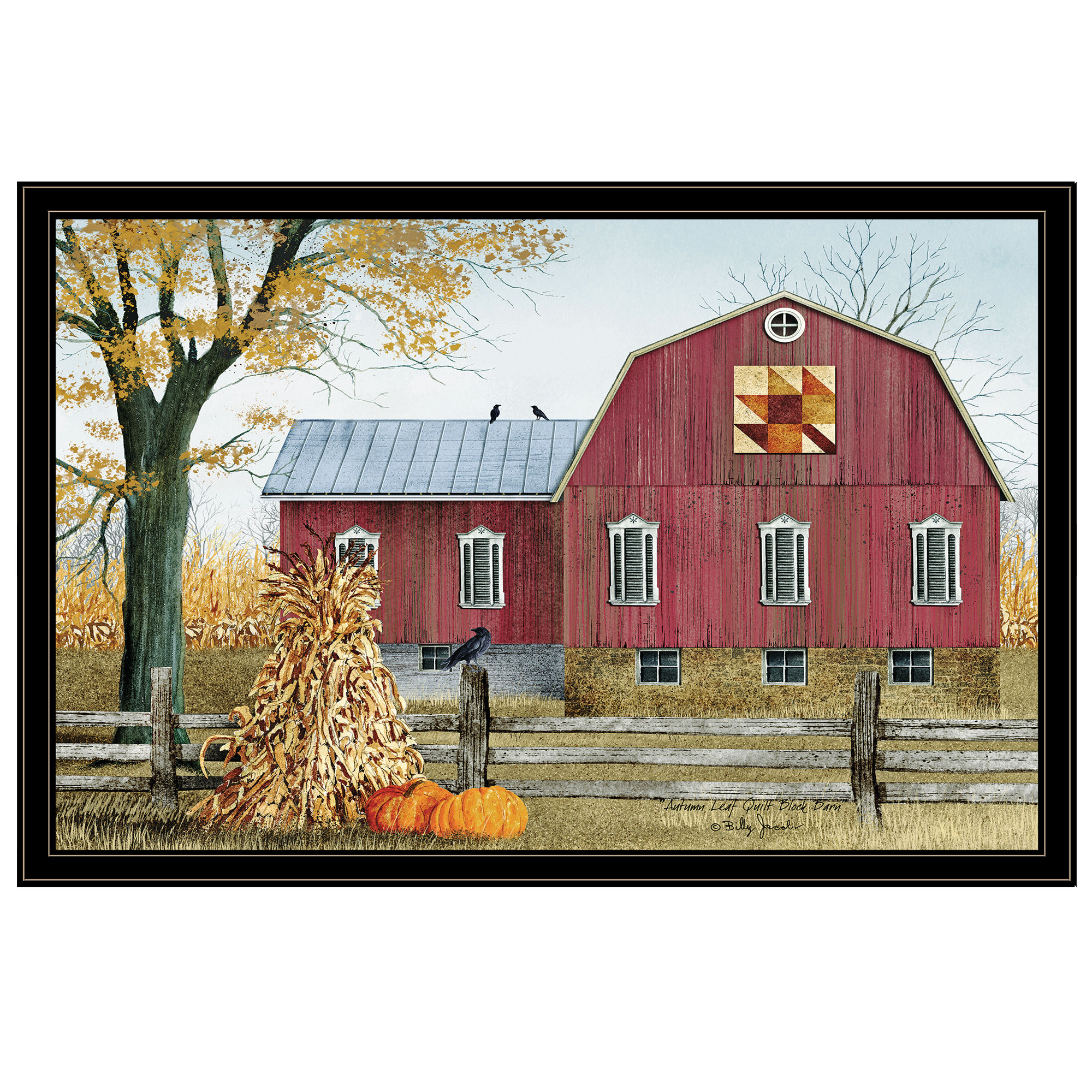 Trendy Decor 4U BJ1023ZGP-704G Autumn Leaf Quilt Block Barn Billy Jacobs Black Wood Framed 26-in H x 38-in W Vintage/Retro Paper Print