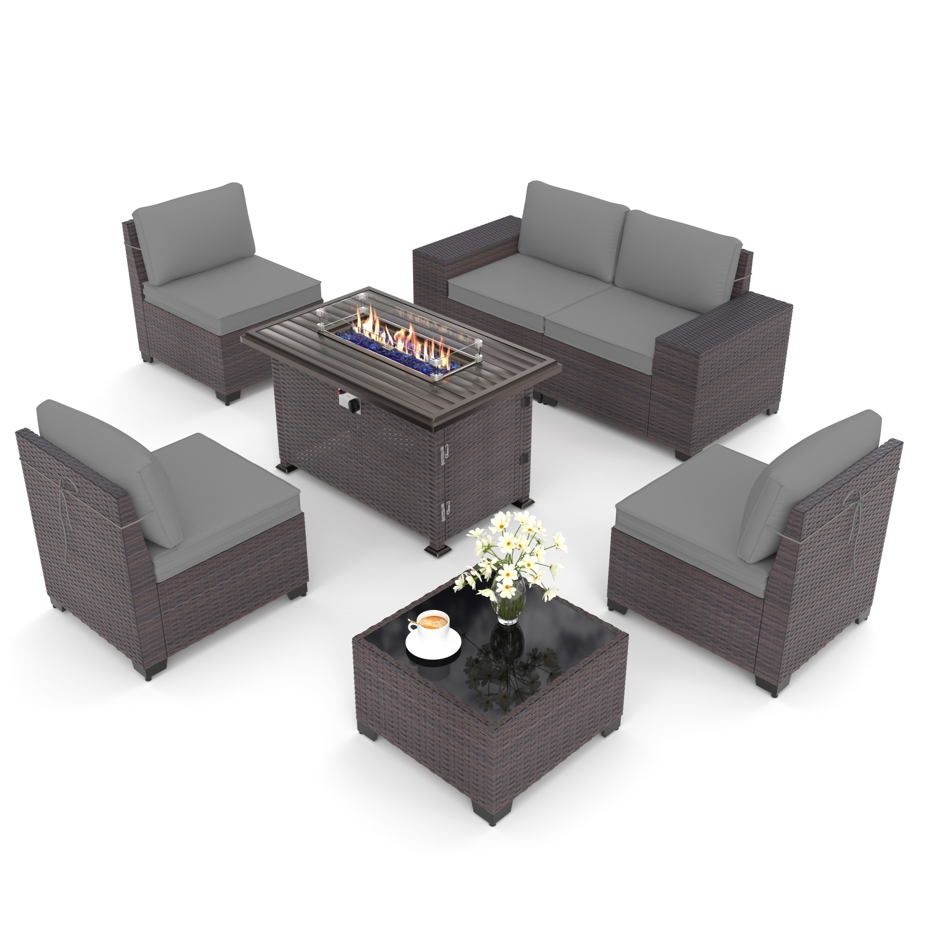 ALAULM LS-6PCS+FP-GREY 7 -Piece Wicker Patio Sofa Conversation Set with Gray Cushions