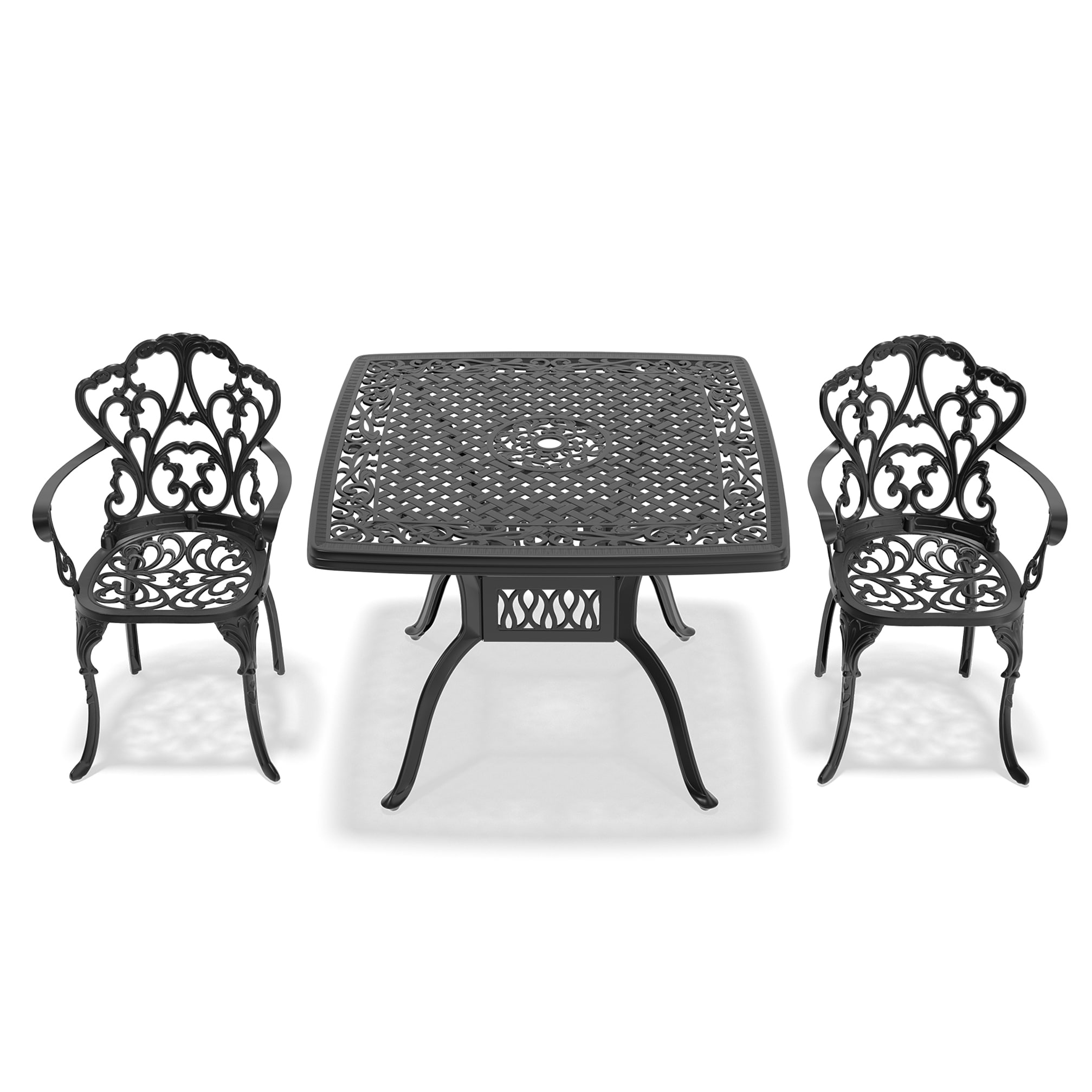 Kahomvis NICE-QP1092-131 3 -Piece Black Patio Dining Set Aluminum Square Table with 2 Multiple colors/finishes Cushions Stationary Chairs
