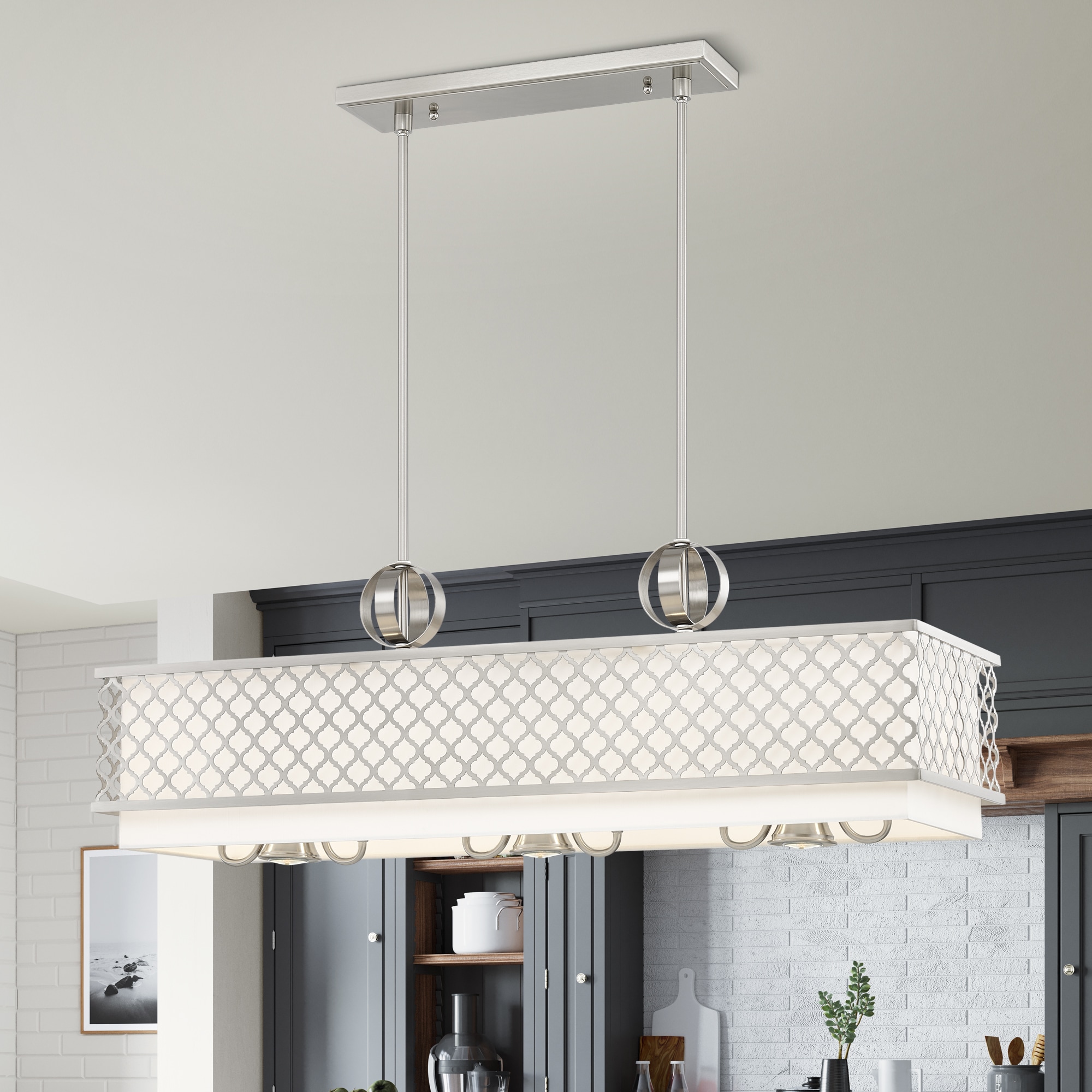 Arabesque Brushed Nickel 9-Light Linear Chandelier with Fabric Shade