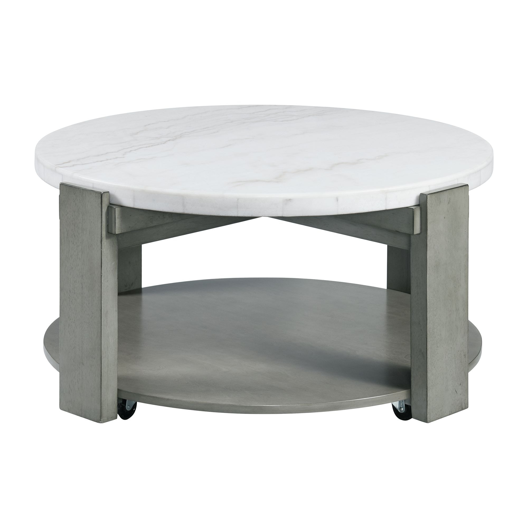 Gray Round Marble Top Coffee Table with Wood Base