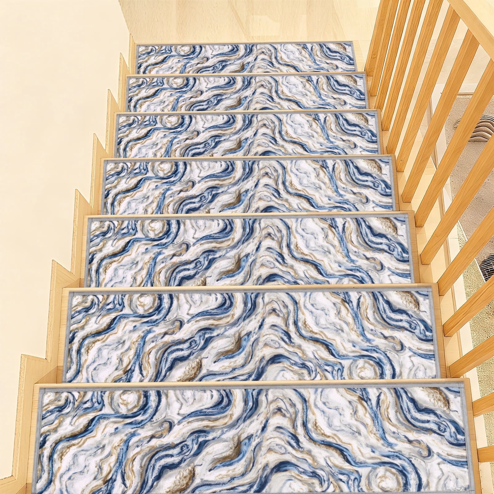 HEBE  15 Pack Blue Abstract Non Slip Stair Carpet Treads