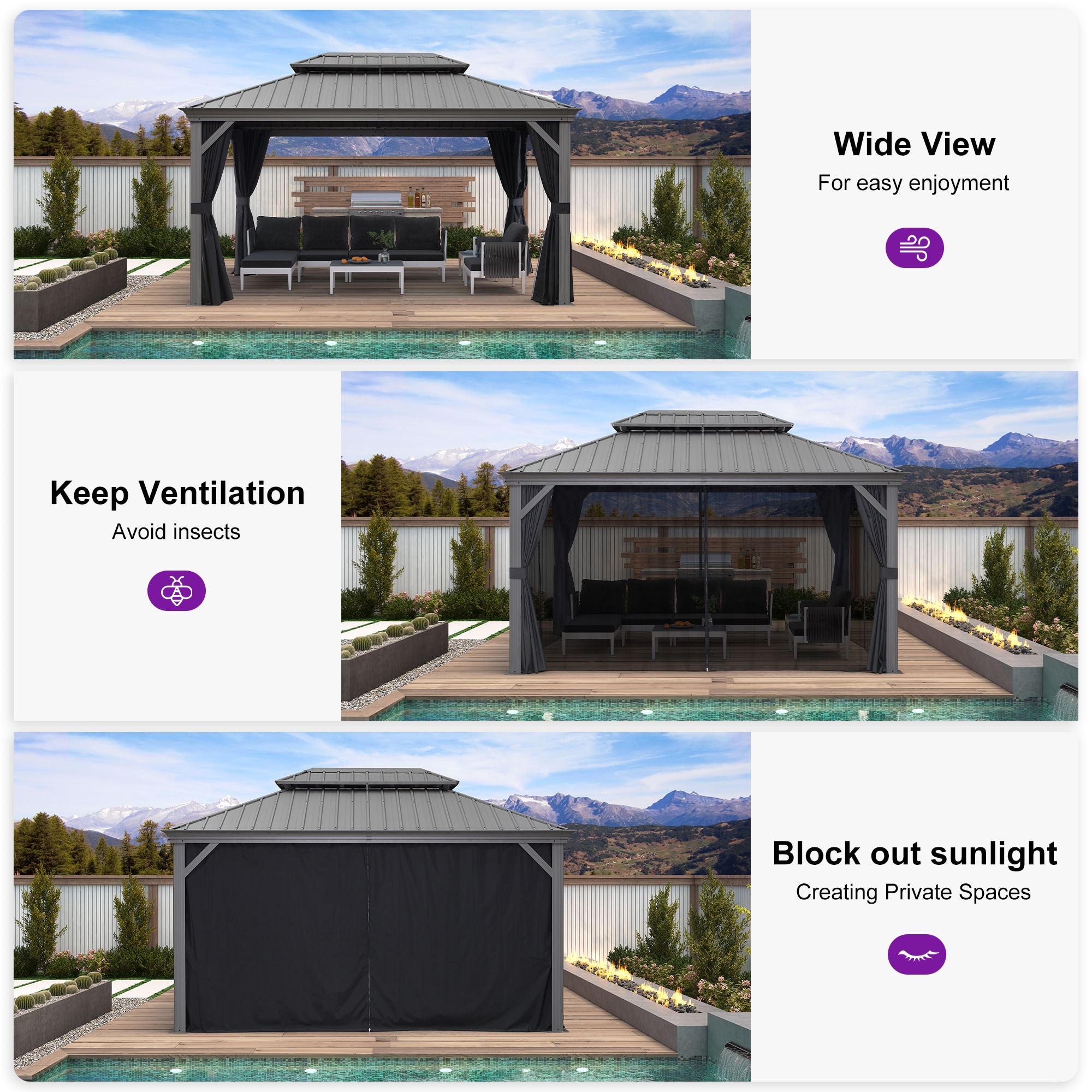 Light Gray 14' x 10' Aluminum Hardtop Gazebo with Curtains