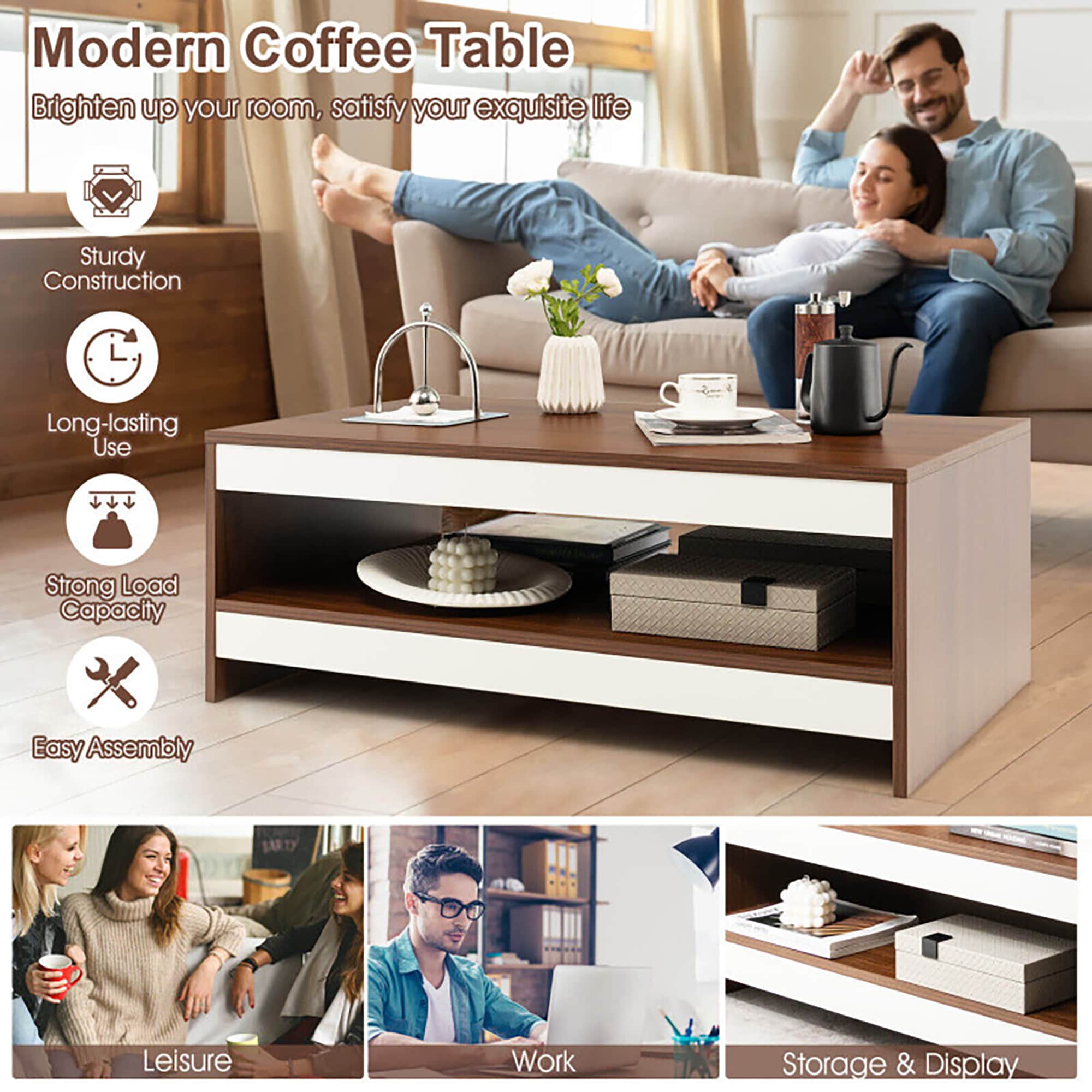 Clihome Coffee Table Brown Wood Industrial Coffee Table with Storage in ...