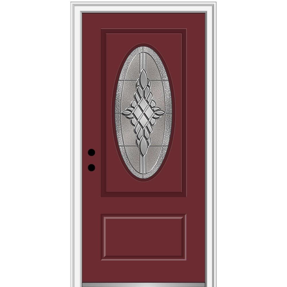 MMI DOOR ZZ3667327R 36-in x 80-in x 4-9/16-in Fiberglass Oval lite Right-hand inswing Burgundy Painted Prehung Front Door with Brickmould Insulating core