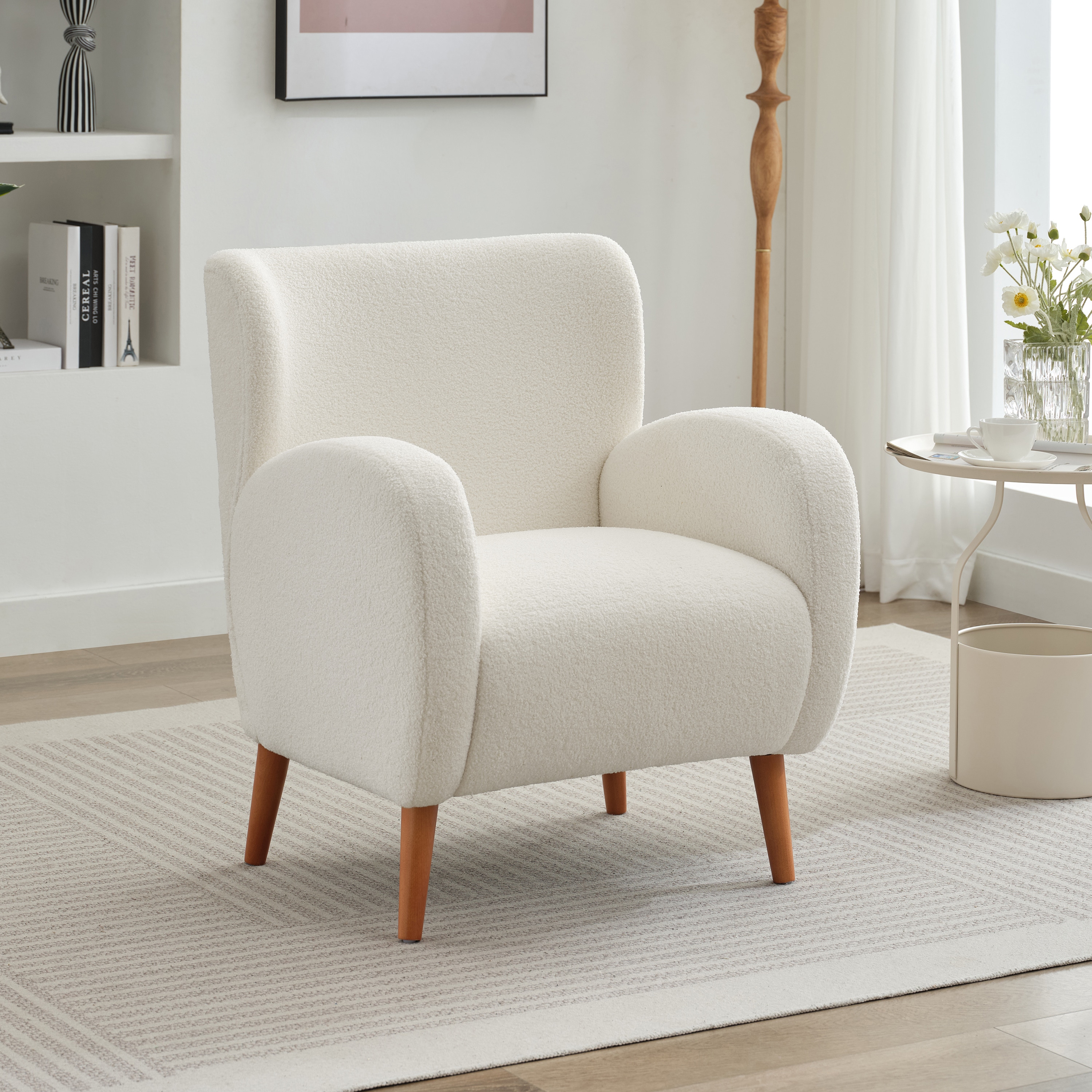 Beige Boucle Wingback Accent Chair with Wood Legs