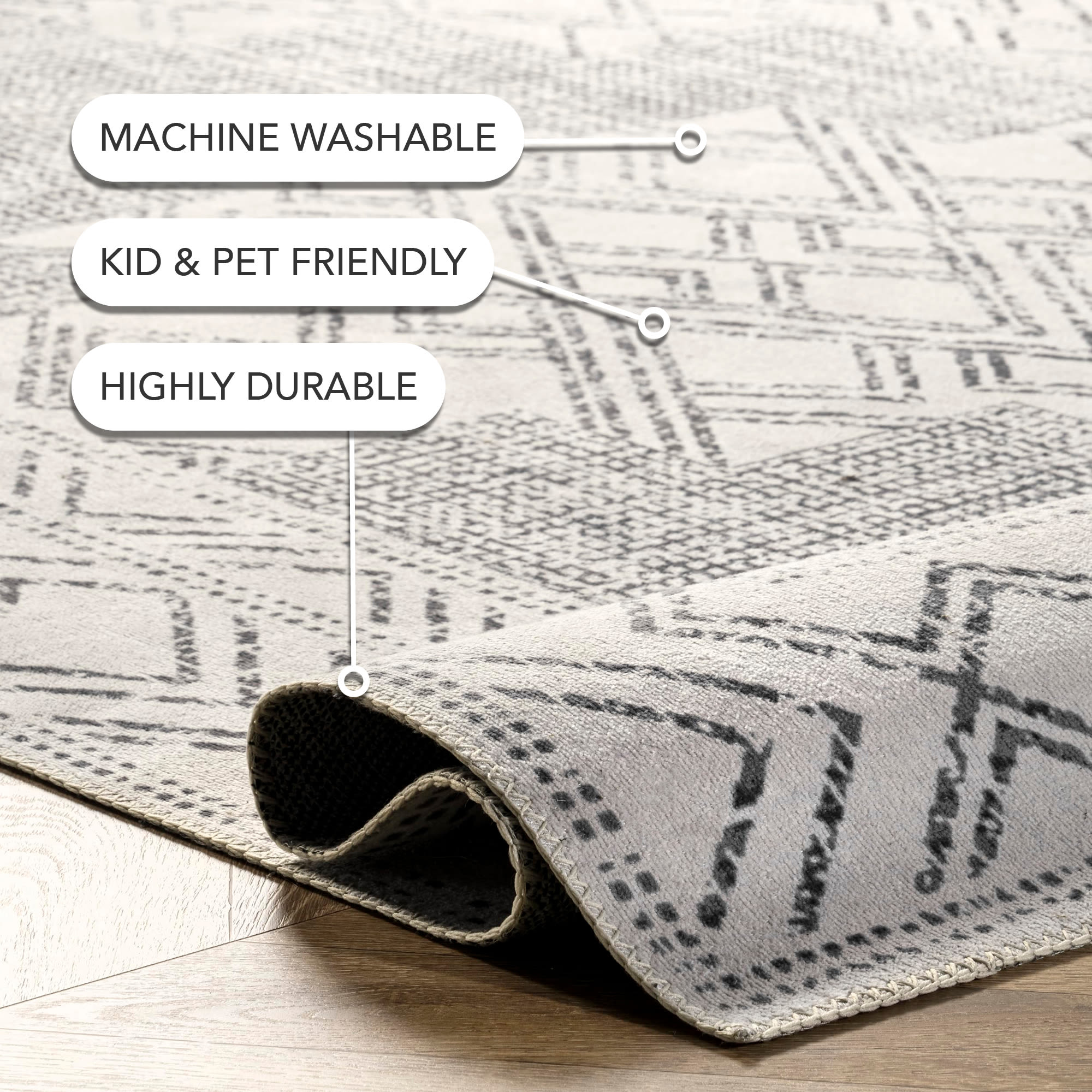 Gray and Ivory Synthetic Medallion 8' x 10' Washable Area Rug