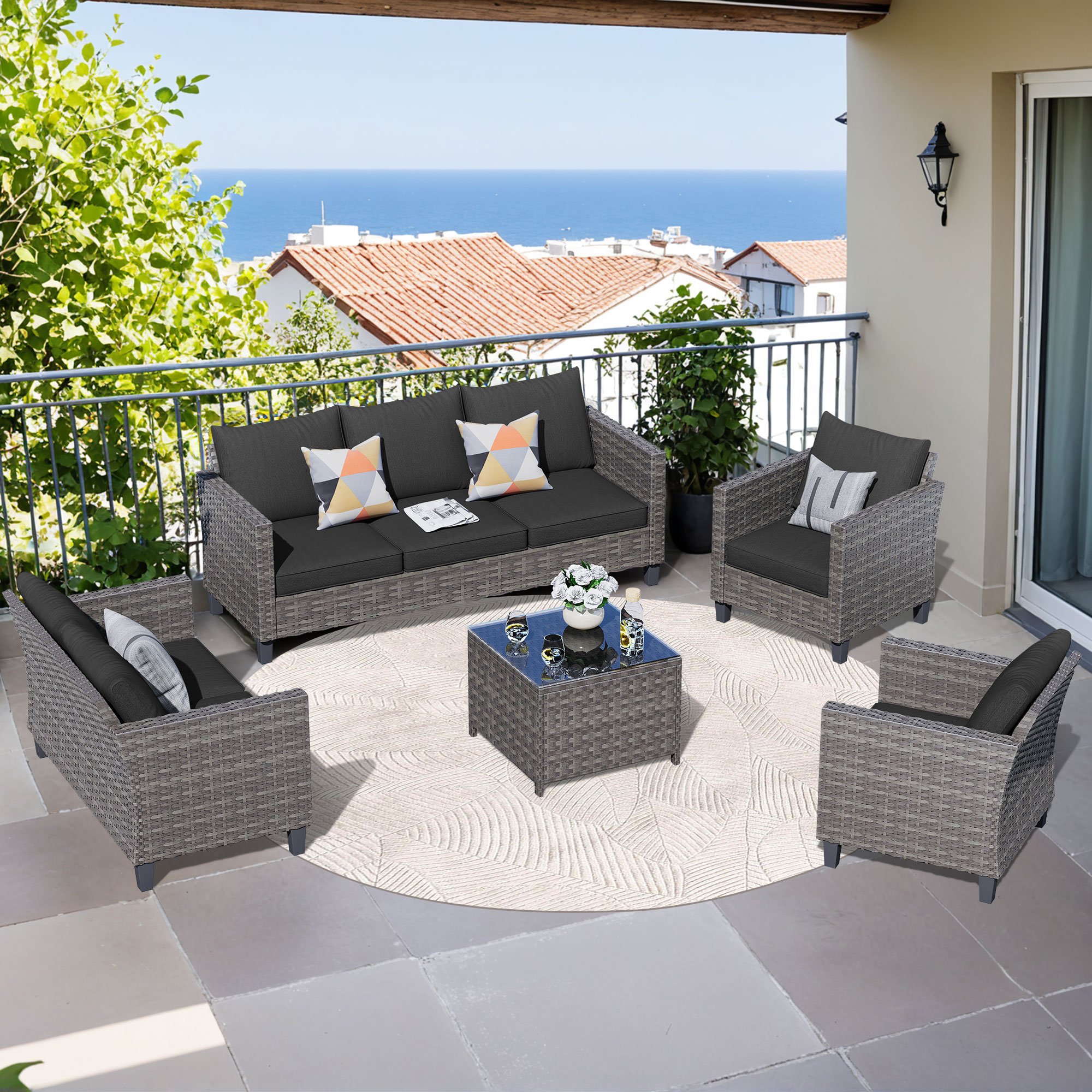 Pouuin SGRS105 5 -Piece Wicker Patio Sofa Conversation Set with Black Cushions