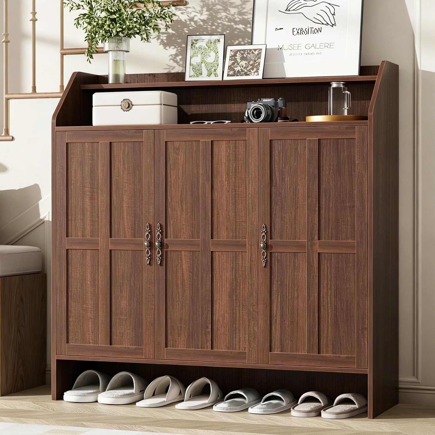 GarveeLife Tall Farmhouse Shoe Cabinet with 3 Doors Shoe Storage Cabinet for Entryway with Adjustable Shelves Shoe Rack Cabinet with Open Storage for Living Room Brown
