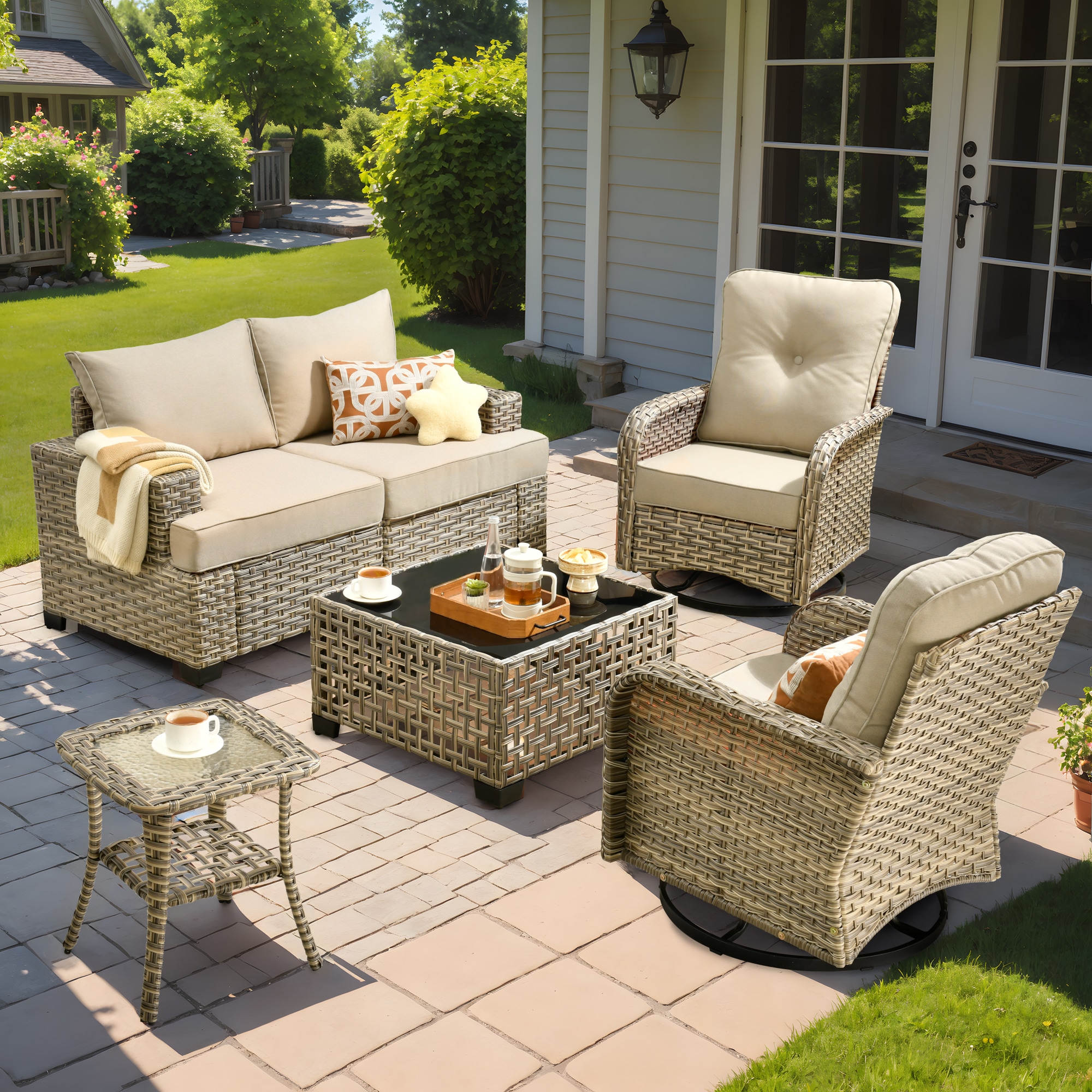 XIZZI XITBS6062-VNC Agate 5-Piece Rattan Patio Conversation Set with Off-white Cushions