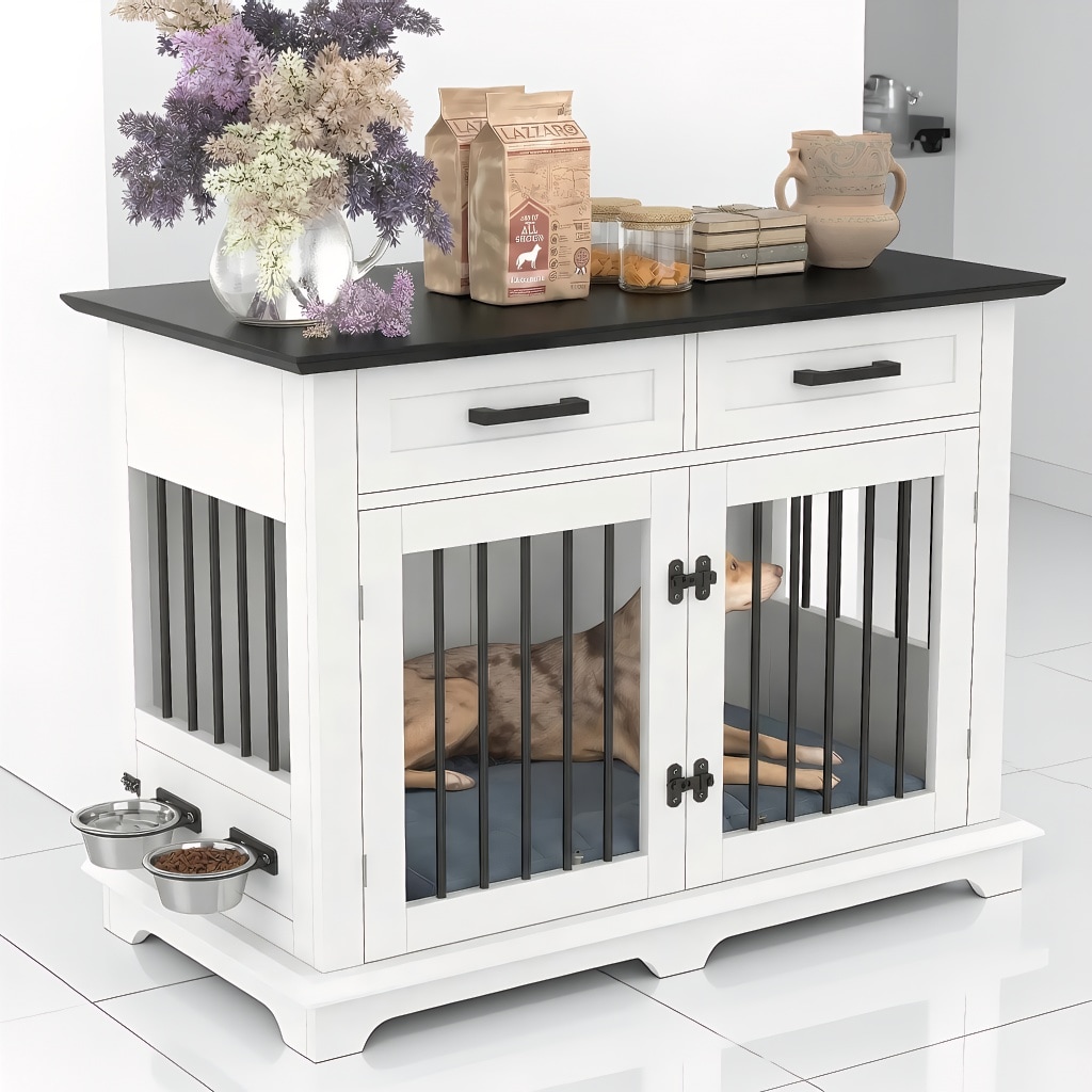 MiniEpic Large Wooden Dog Crate Furniture with Storage Drawers and Rotating Bowls