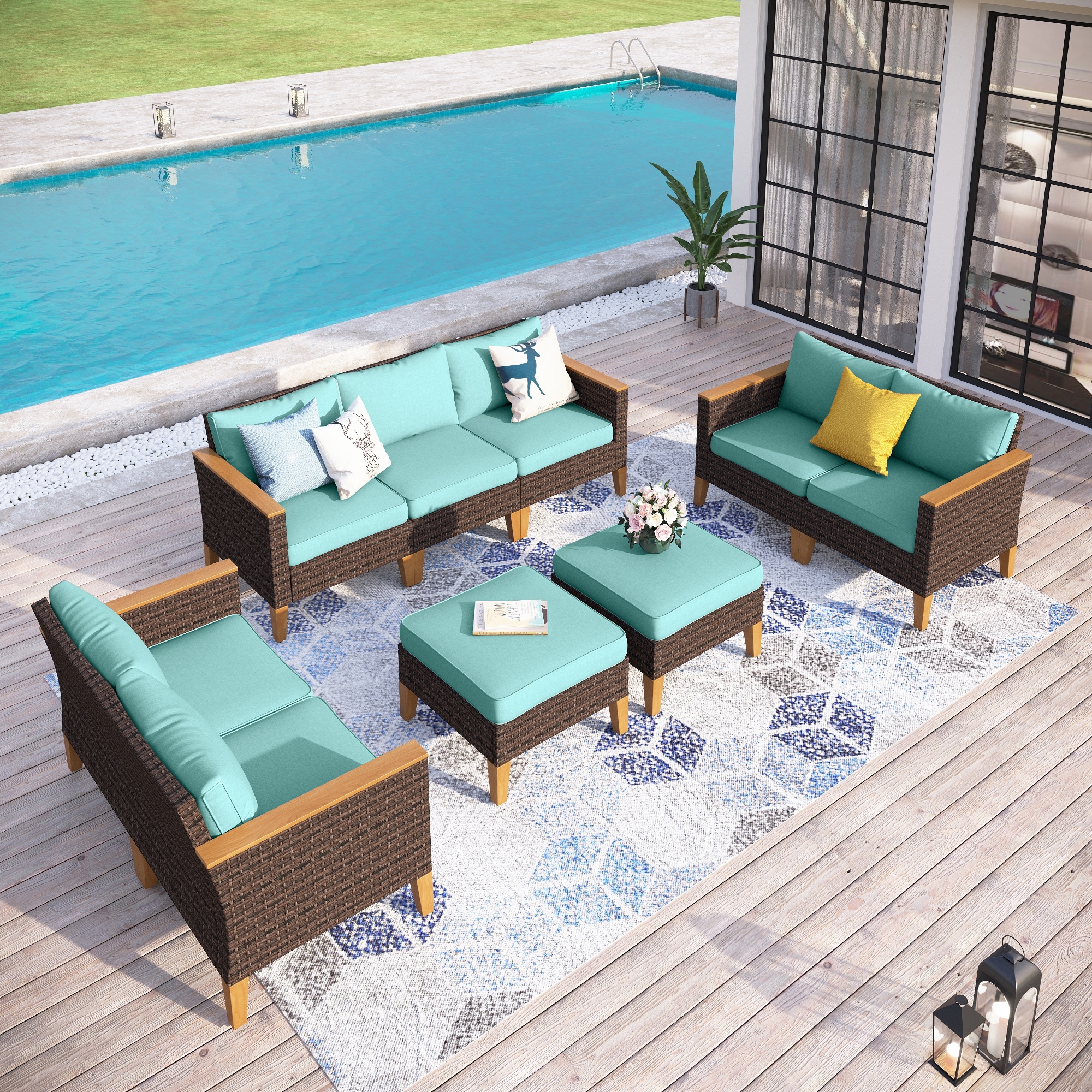 Sunshine Valley CR006-08-9-BU 9 -Piece Wicker Patio Conversation Set with Blue CUSHION PRO Cushions