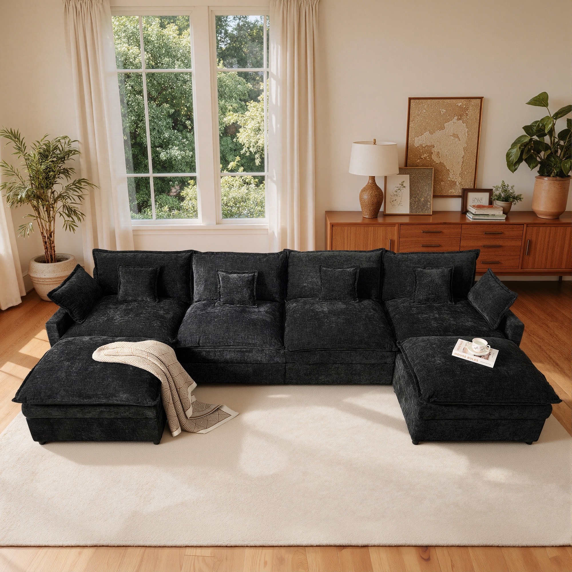 Pouuin 142.51-in W Modern Black Chenille 4-seater Storage Sectional