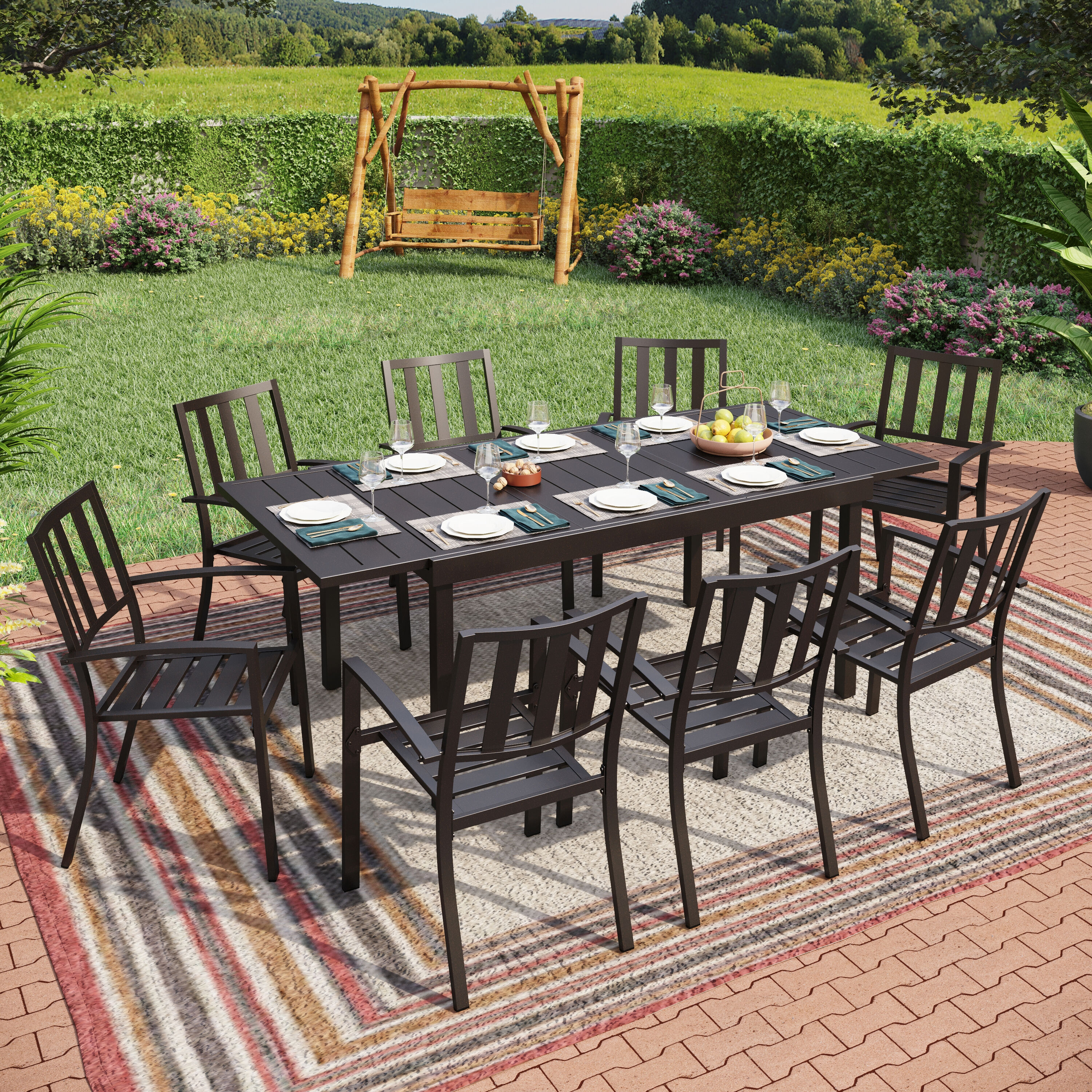 Sunshine Valley TC9-3501-137 Outdoor Table and Chairs 9 -Piece Black Patio Dining Set Extendable Table Steel Rectangle Table with 8 Stackable Stationary Chairs
