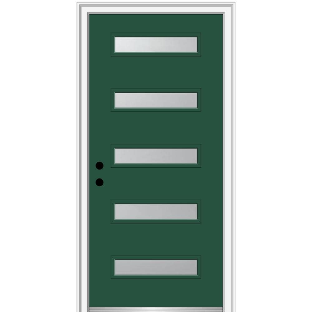 MMI DOOR ZZ347829R Spotlights 32-in x 80-in x 4-9/16-in Fiberglass Pulse lite Right-hand inswing Hunter Green Painted Prehung Front Door with Brickmould Insulating core