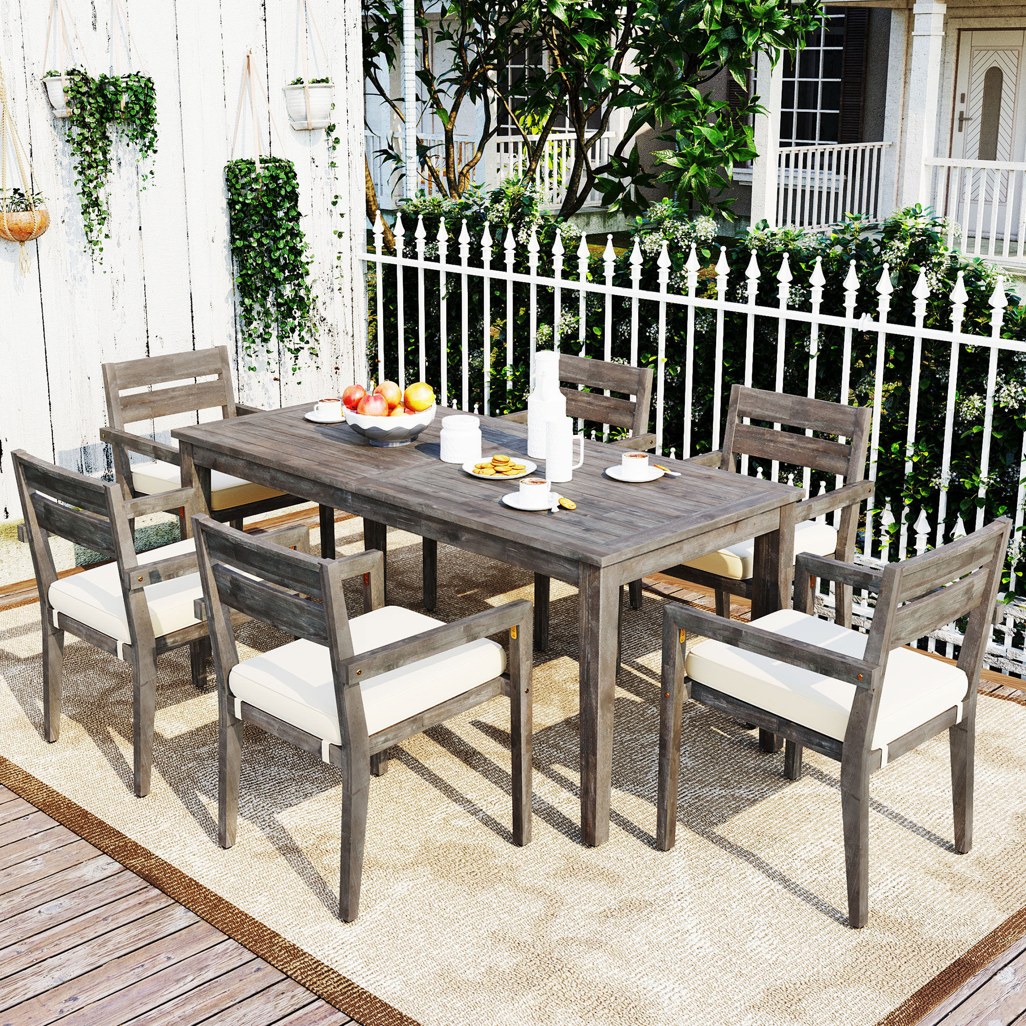 AAZJ JDU-315AAE 7 -Piece Grey Patio Dining Set Wood Rectangle Table with 6 Beige Cushions C-spring Chairs