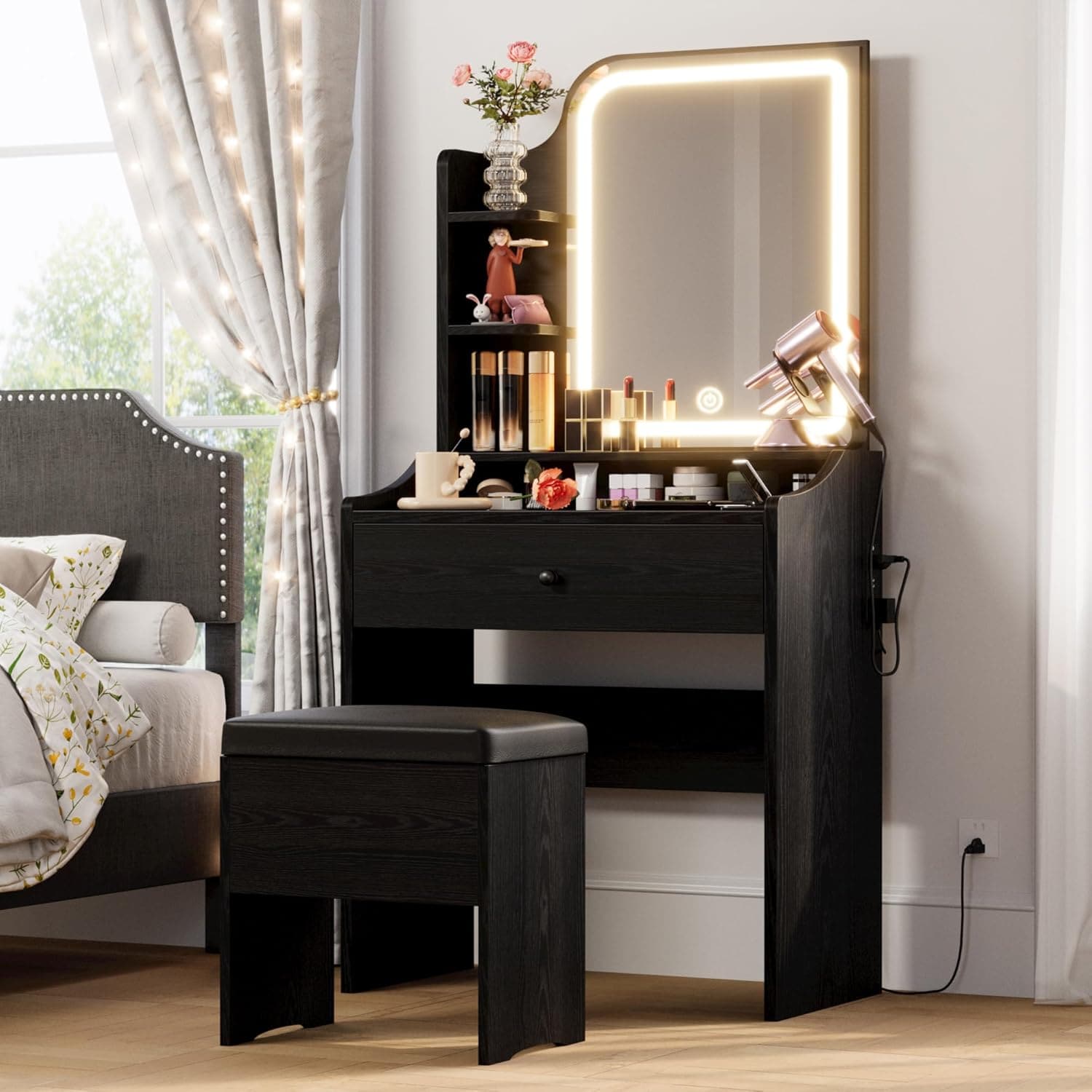 Likimio 9NJKZQZ5CSI4UUWX 24.4-in W black Small Vanity Table Set with Mirror and Lights and Storage Drawer