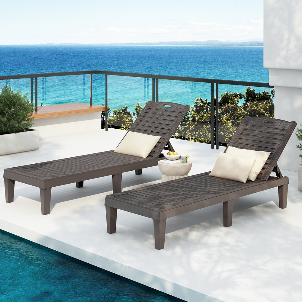 CASAINC DS-W26129304 Polypropylene Set of 2 Dark Brown Stationary Chaise Lounge Chair with Slat Seat